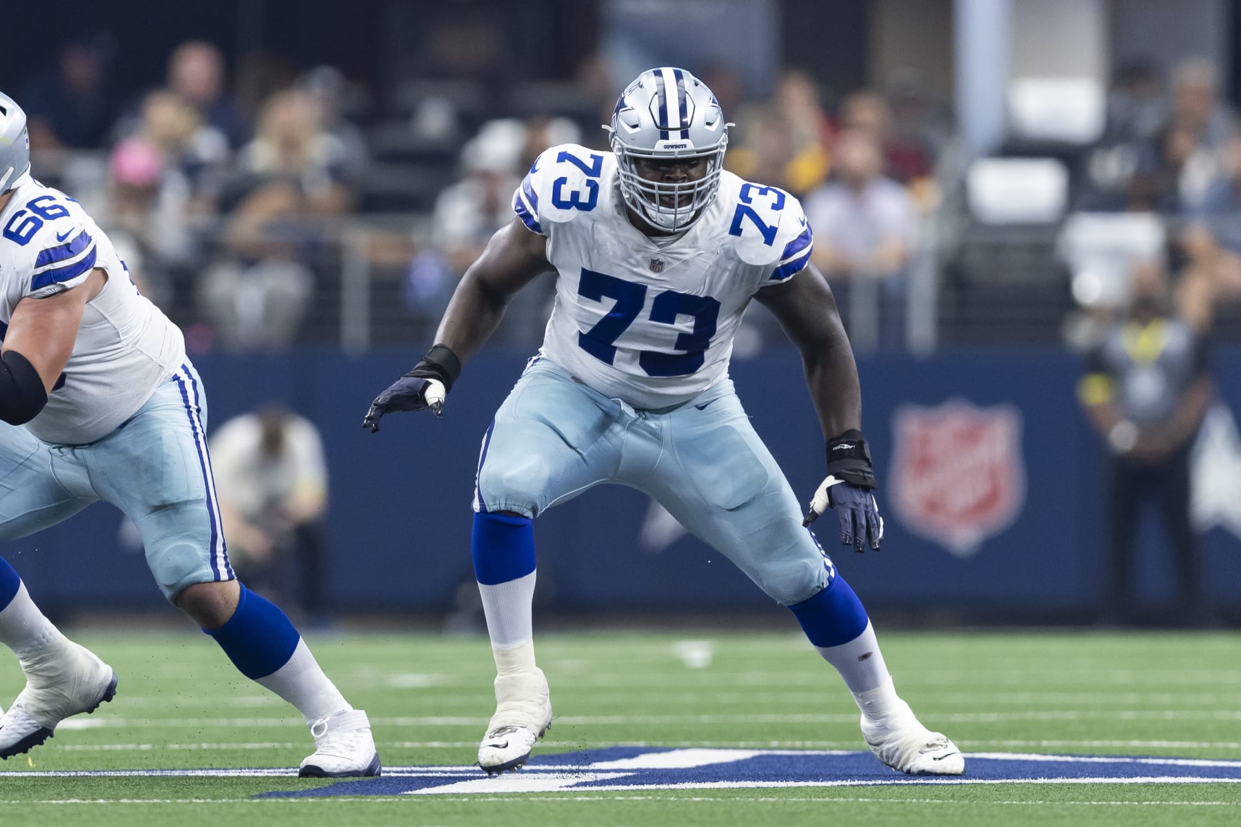 Dallas Cowboys offensive tackle Tyler Smith (73) is seen during the first half of an NFL football game against the Washington Commanders, Sunday, Oct. 2, 2022, in Arlington, Texas. Dallas won 25-10. (AP Photo/Brandon Wade)
