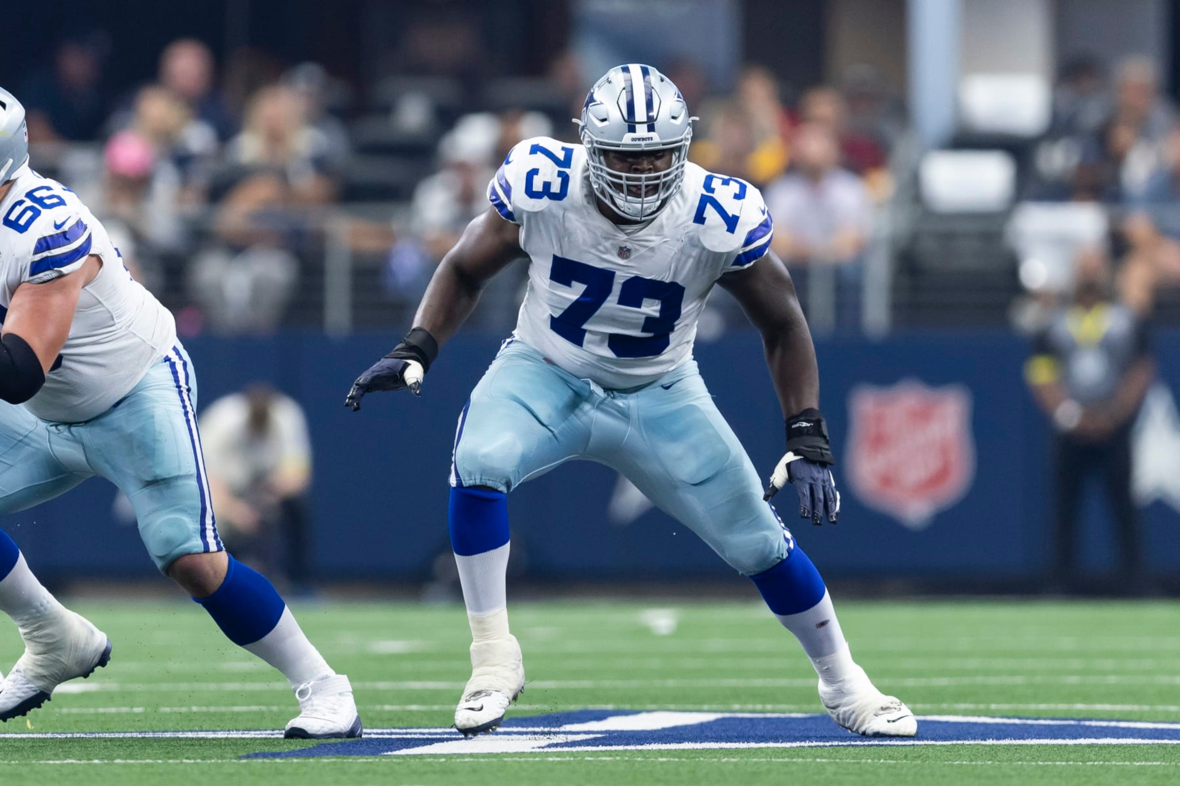 Dallas Cowboys offensive tackle Tyler Smith (73) is seen during the first half of an NFL football game against the Washington Commanders, Sunday, Oct. 2, 2022, in Arlington, Texas. Dallas won 25-10. (AP Photo/Brandon Wade)