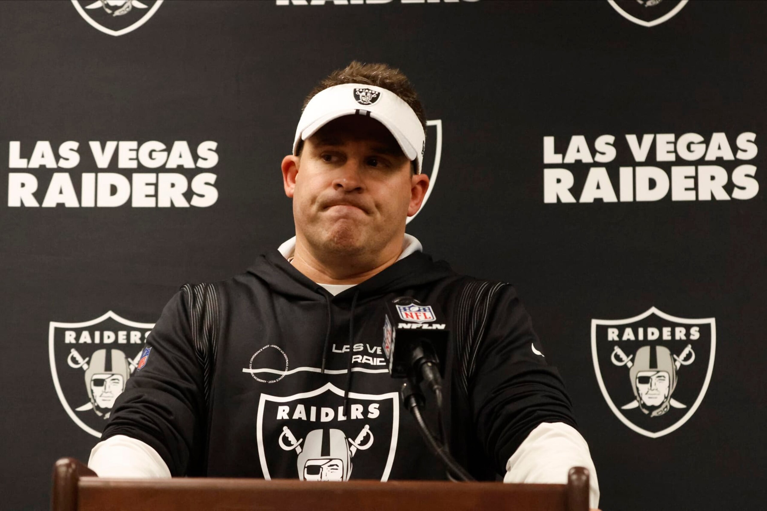Las Vegas Raiders head coach Josh McDaniels speaks during the news conference after an NFL football game against the Las Vegas Raiders Sunday, Oct. 30, 2022, in New Orleans. The Saints won 24-0. (AP Photo/Rusty Costanza)