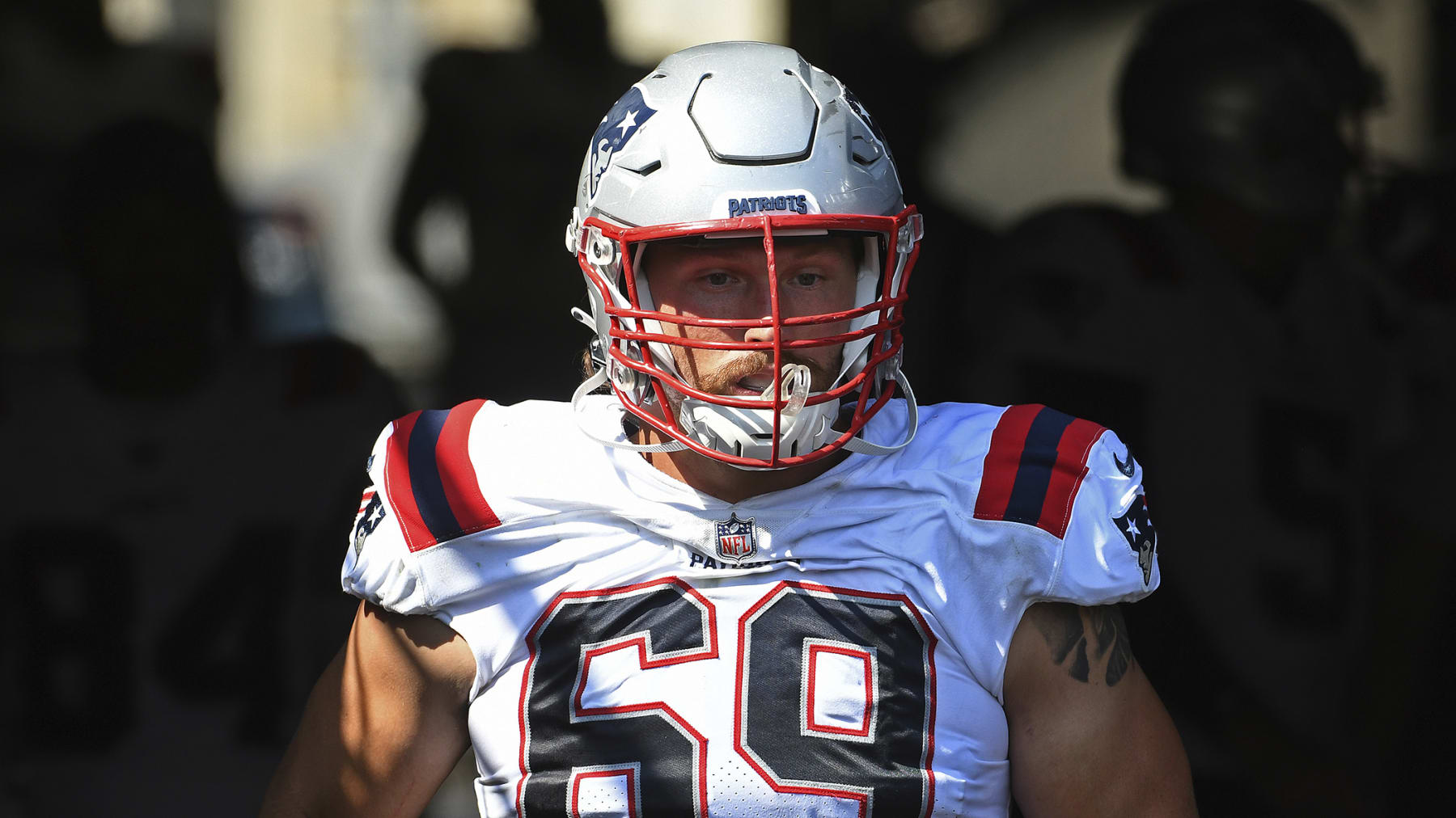 New England Patriots guard Cole Strange (69) takes the field for the second half of an NFL football game against the Pittsburgh Steelers in Pittsburgh, Sunday, Sept. 18, 2022. (AP Photo/Phil Pavely)