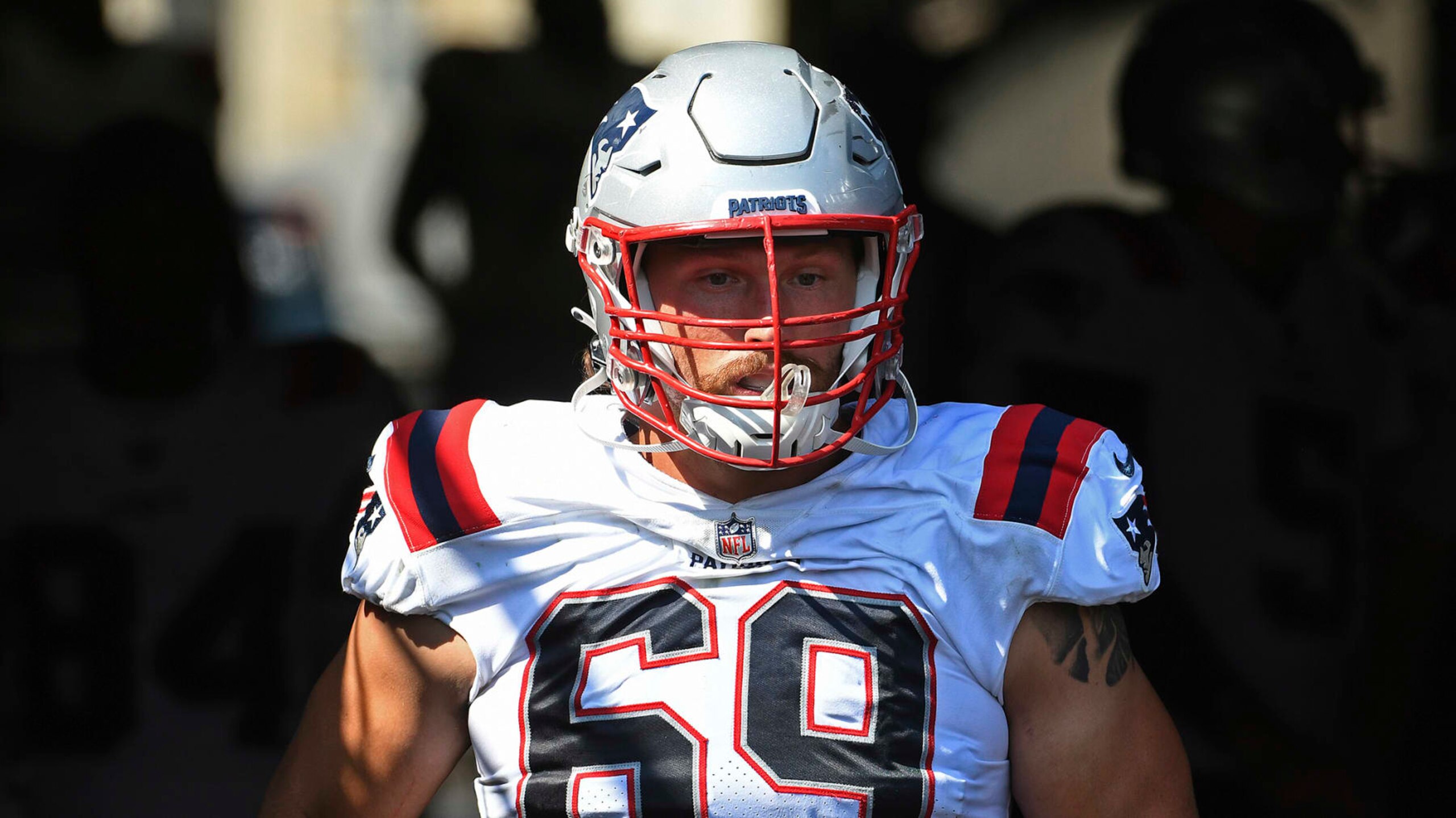 New England Patriots guard Cole Strange (69) takes the field for the second half of an NFL football game against the Pittsburgh Steelers in Pittsburgh, Sunday, Sept. 18, 2022. (AP Photo/Phil Pavely)