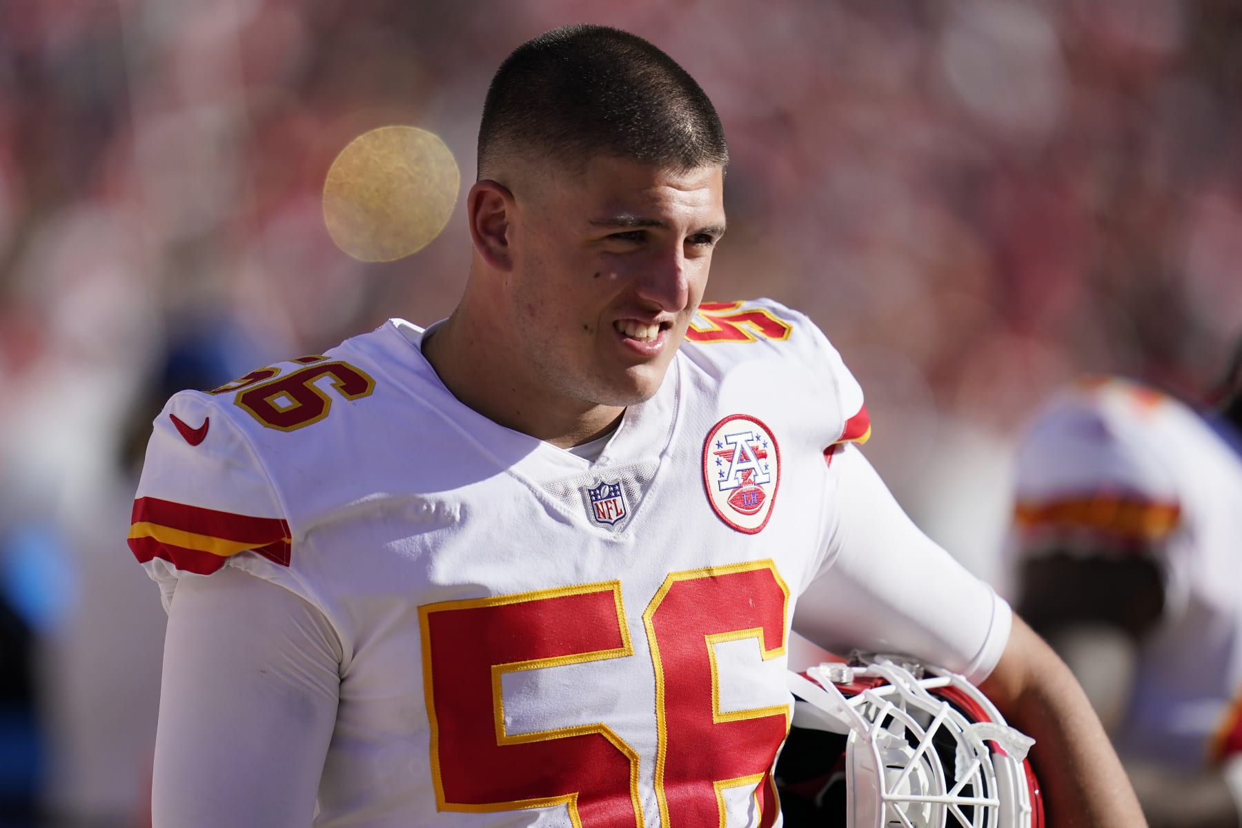 Kansas City Chiefs defensive end George Karlaftis (56) during an NFL football game against the San Francisco 49ers in Santa Clara, Calif., Sunday, Oct. 23, 2022. (AP Photo/Godofredo A. Vásquez)