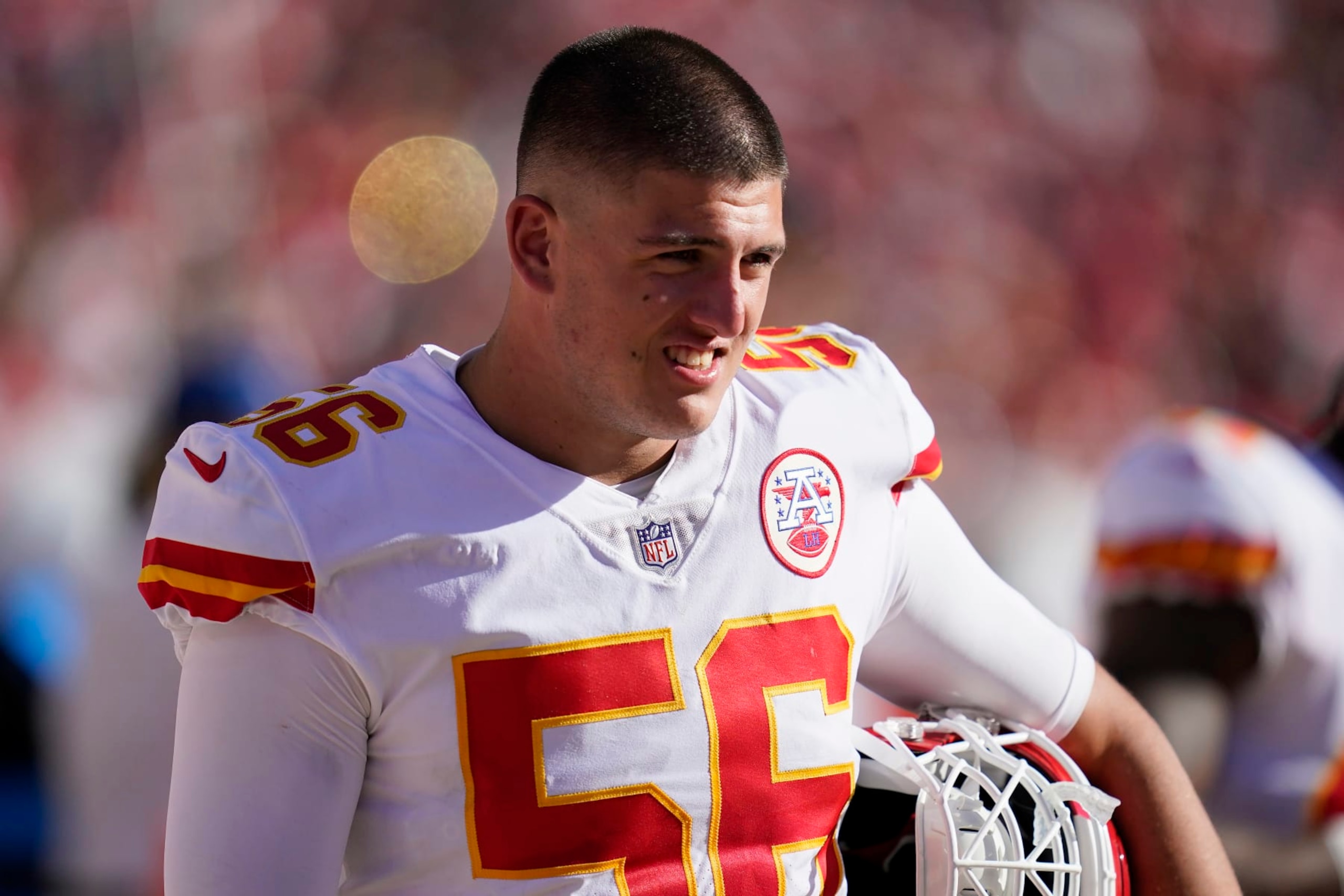 Kansas City Chiefs defensive end George Karlaftis (56) during an NFL football game against the San Francisco 49ers in Santa Clara, Calif., Sunday, Oct. 23, 2022. (AP Photo/Godofredo A. Vásquez)