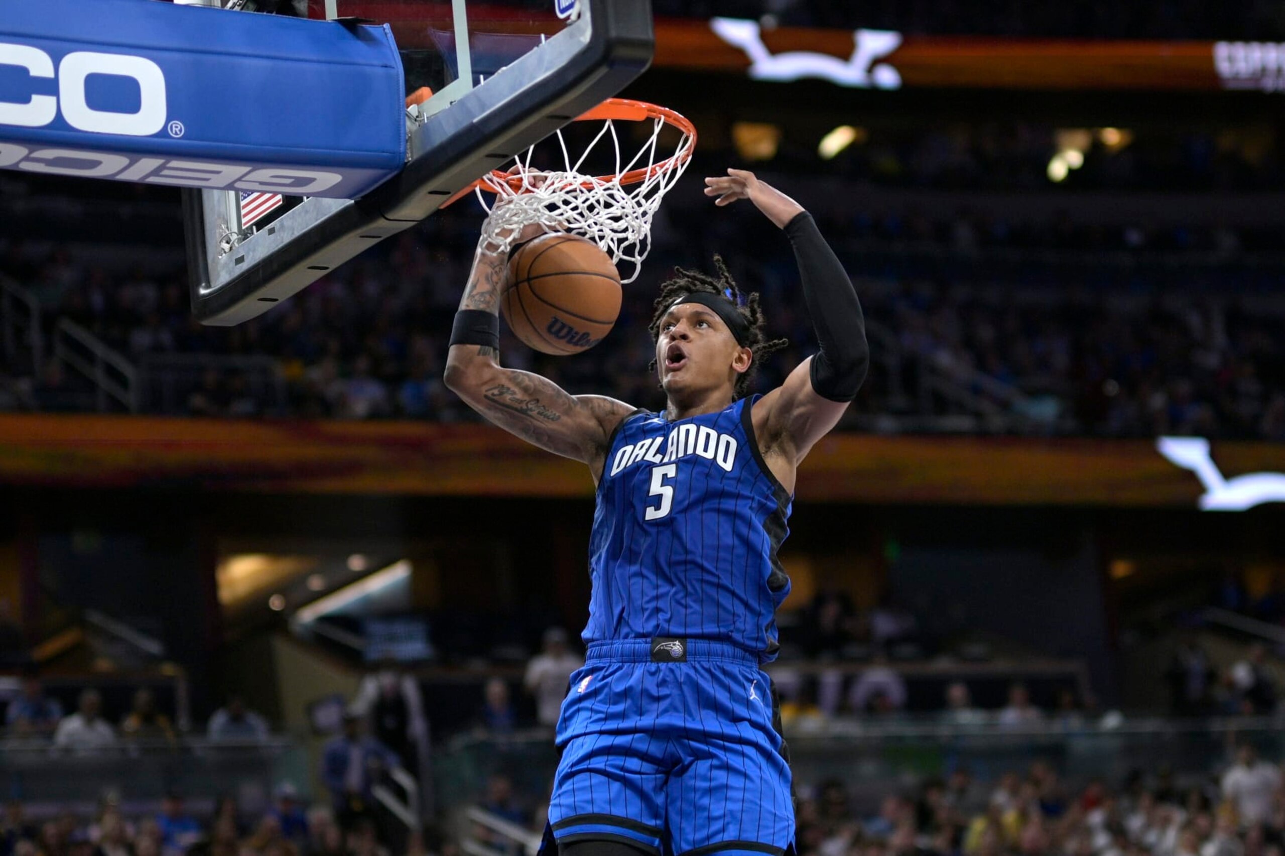 Orlando Magic forward Paolo Banchero (5) dunks during the second half of an NBA basketball game against the Golden State Warriors, Thursday, Nov. 3, 2022, in Orlando, Fla. (AP Photo/Phelan M. Ebenhack) Orlando Magic forward Paolo Banchero (5) dunks during the second half of an NBA basketball game against the Golden State Warriors, Thursday, Nov. 3, 2022, in Orlando, Fla. (AP Photo/Phelan M. Ebenhack)