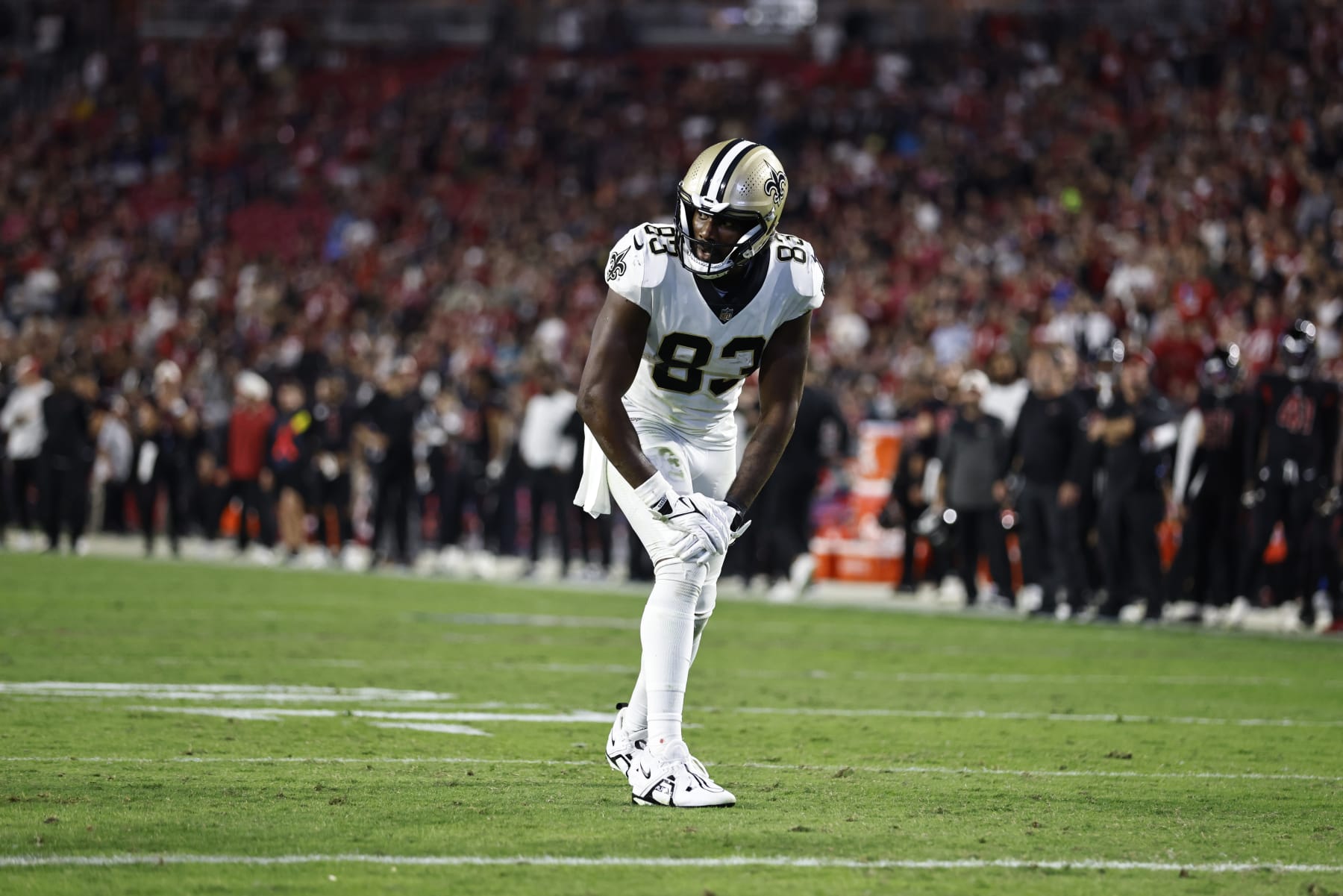 GLENDALE, ARIZONA - OCTOBER 20: Juwan Johnson #83 of the New Orleans Saints lines up during an NFL football game between the Arizona Cardinals and the New Orleans Saints at State Farm Stadium on October 20, 2022 in Glendale, Arizona. (Photo by Michael Owens/Getty Images)