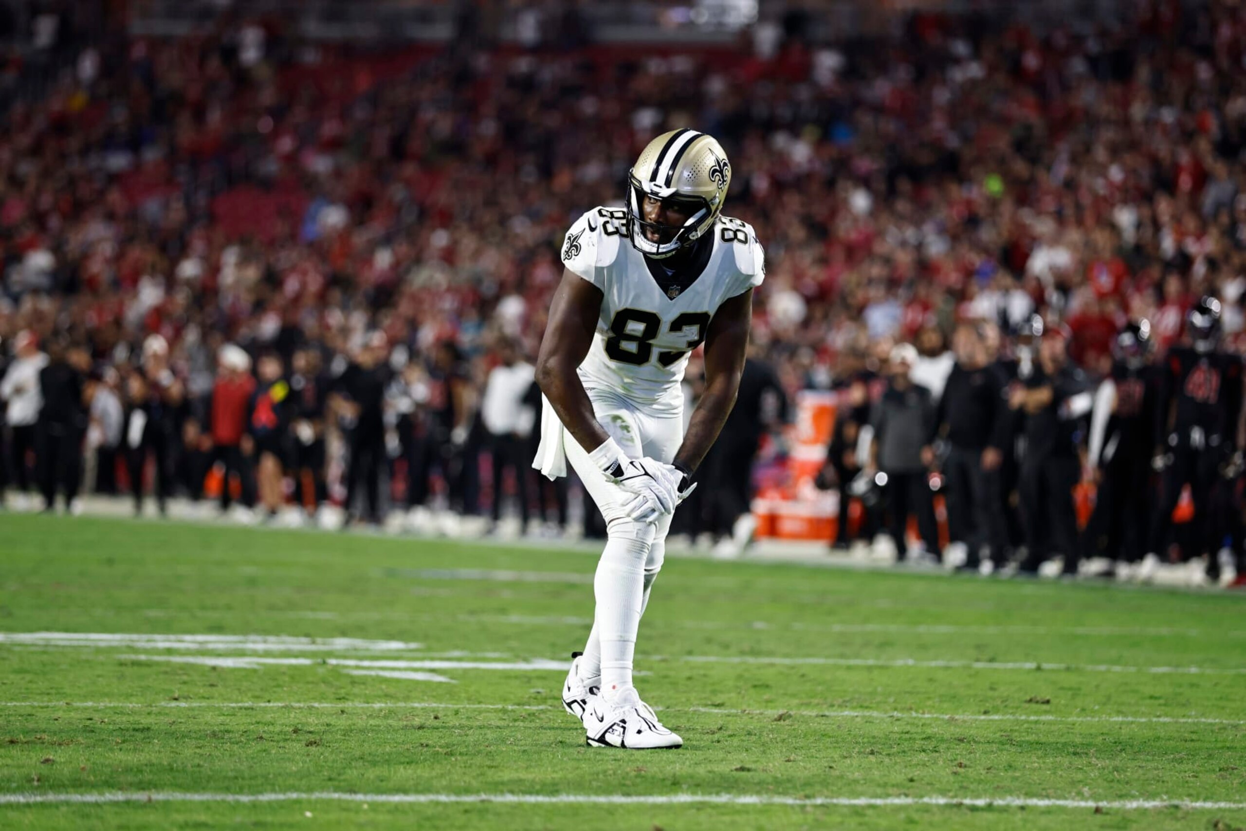 GLENDALE, ARIZONA - OCTOBER 20: Juwan Johnson #83 of the New Orleans Saints lines up during an NFL football game between the Arizona Cardinals and the New Orleans Saints at State Farm Stadium on October 20, 2022 in Glendale, Arizona. (Photo by Michael Owens/Getty Images)