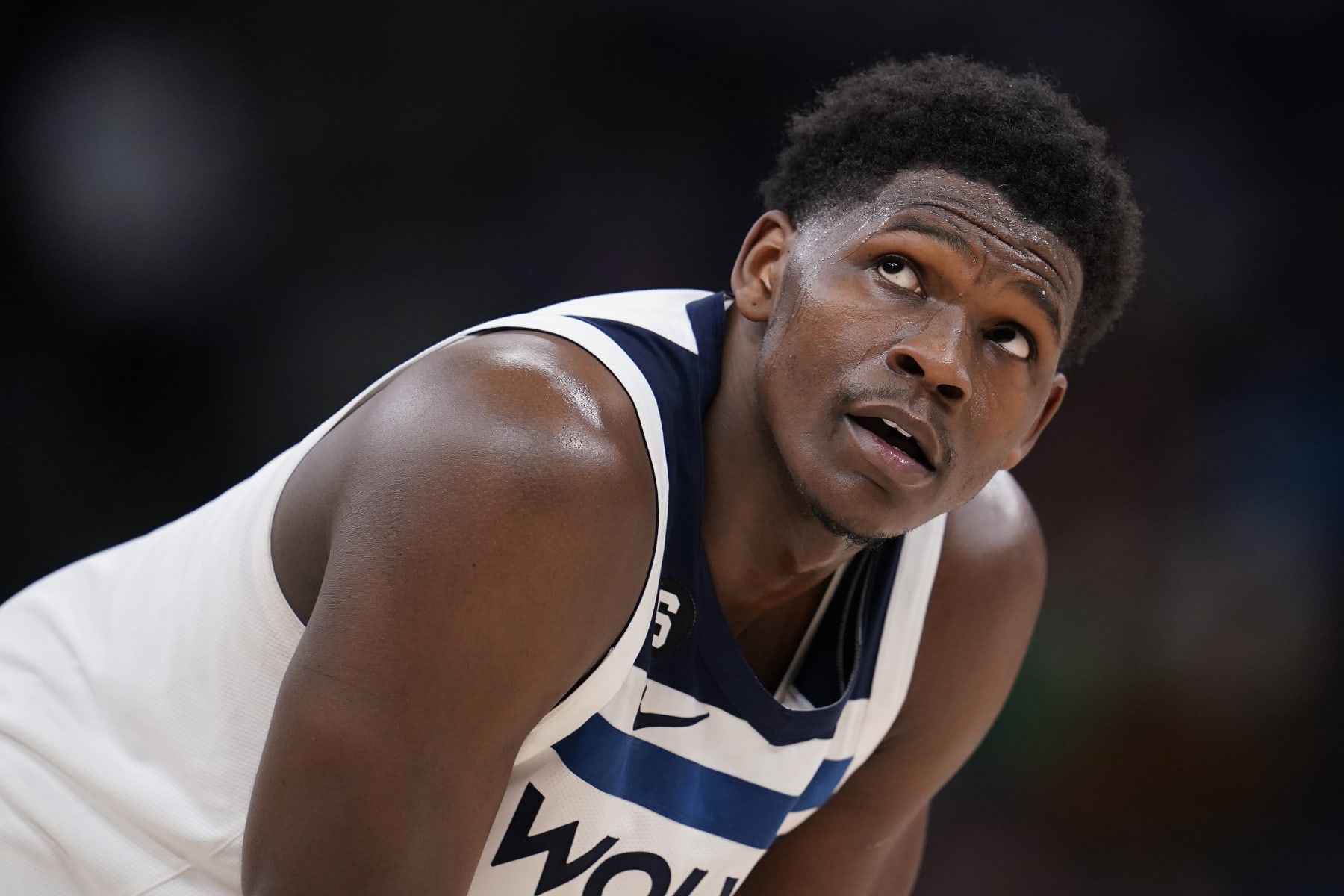 Minnesota Timberwolves guard Anthony Edwards (1) waits for play to resume during the second half of an NBA basketball game against the New York Knicks, Monday, Nov. 7, 2022, in Minneapolis. (AP Photo/Abbie Parr)