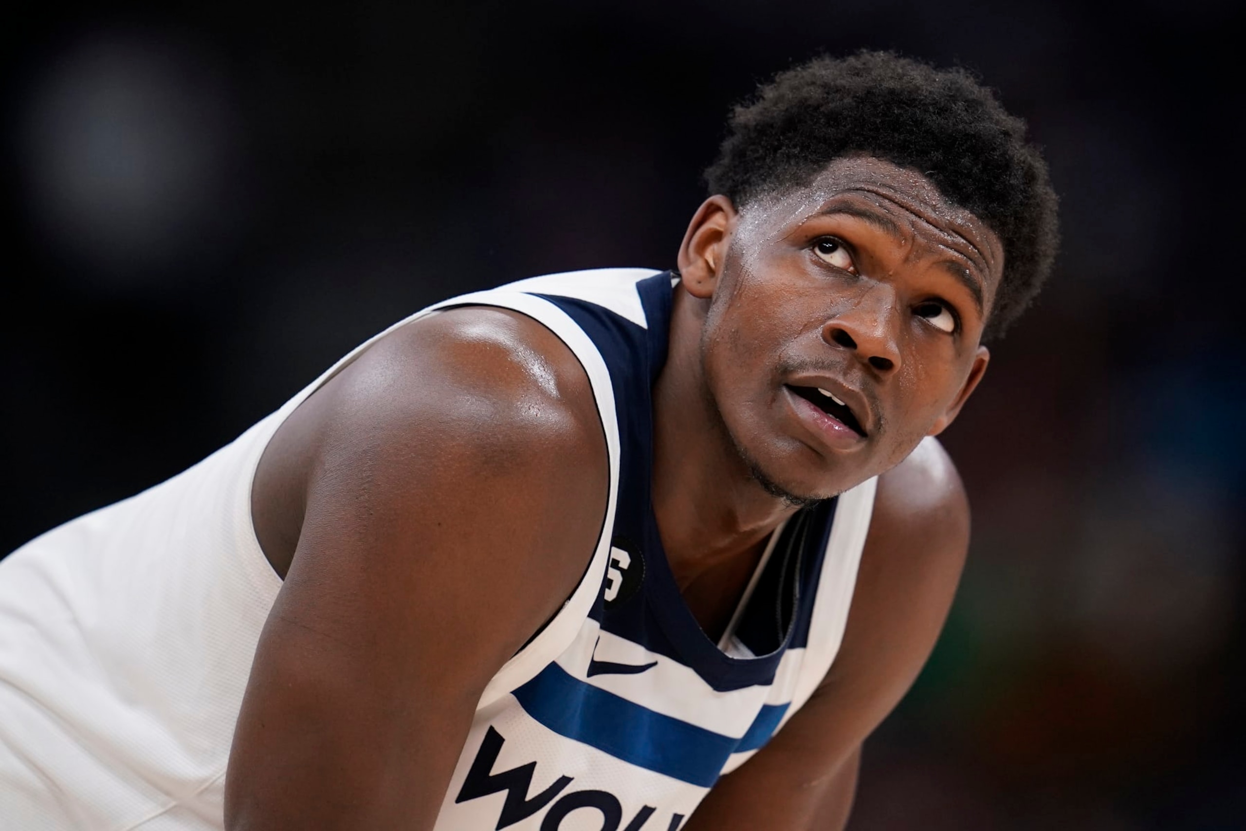 Minnesota Timberwolves guard Anthony Edwards (1) waits for play to resume during the second half of an NBA basketball game against the New York Knicks, Monday, Nov. 7, 2022, in Minneapolis. (AP Photo/Abbie Parr)
