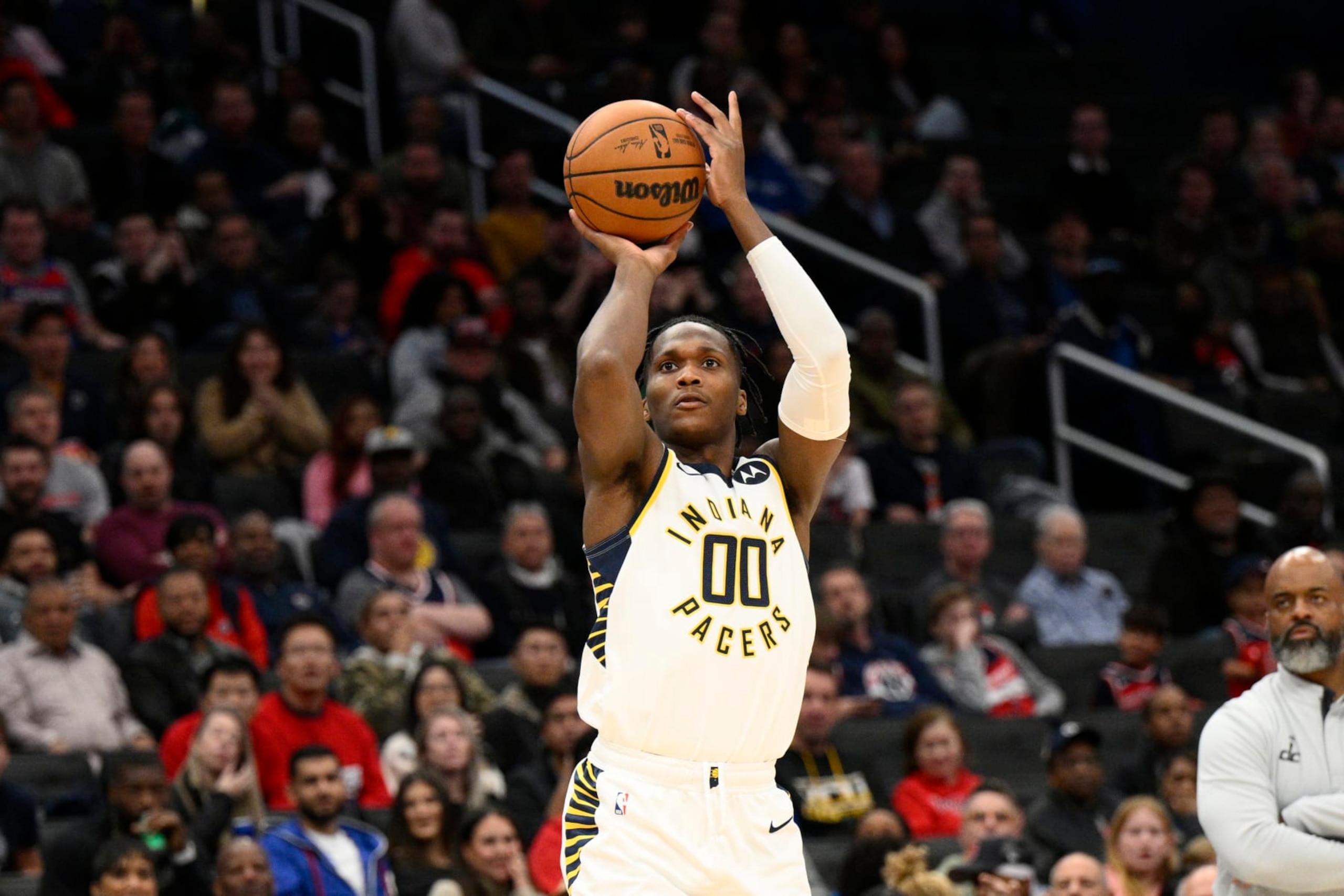 Indiana Pacers guard Bennedict Mathurin (00) in action during the second half of an NBA basketball game against the Washington Wizards, Friday, Oct. 28, 2022, in Washington. (AP Photo/Nick Wass) Indiana Pacers guard Bennedict Mathurin (00) in action during the second half of an NBA basketball game against the Washington Wizards, Friday, Oct. 28, 2022, in Washington. (AP Photo/Nick Wass)