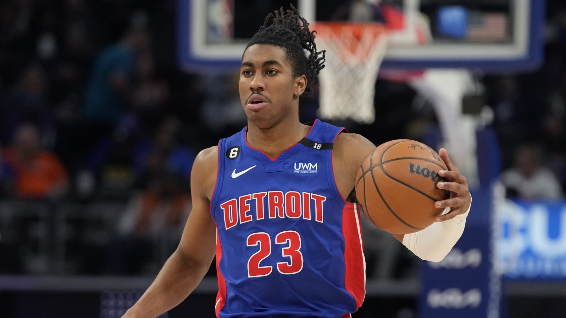 Detroit Pistons guard Jaden Ivey plays during the second half of an NBA basketball game, Monday, Nov. 7, 2022, in Detroit. (AP Photo/Carlos Osorio)