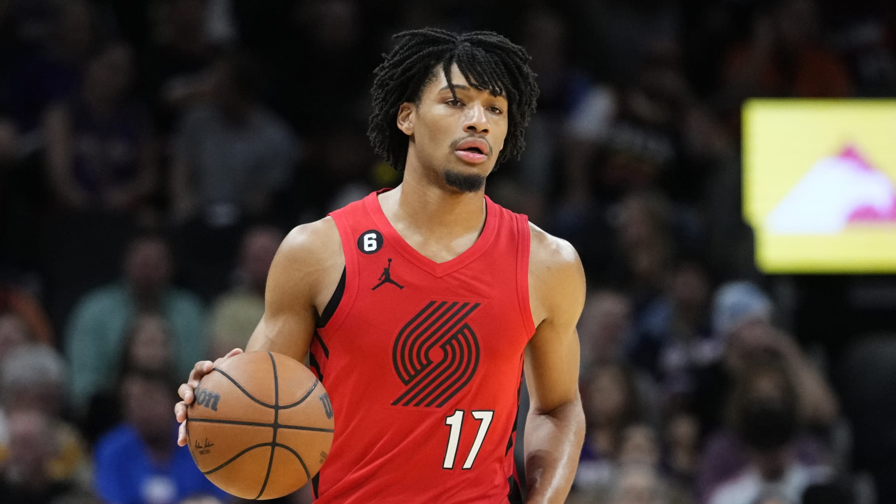 Portland Trail Blazers guard Shaedon Sharpe (17) against the Phoenix Suns during the first half of an NBA basketball game, Friday, Nov. 4, 2022, in Phoenix. (AP Photo/Matt York)