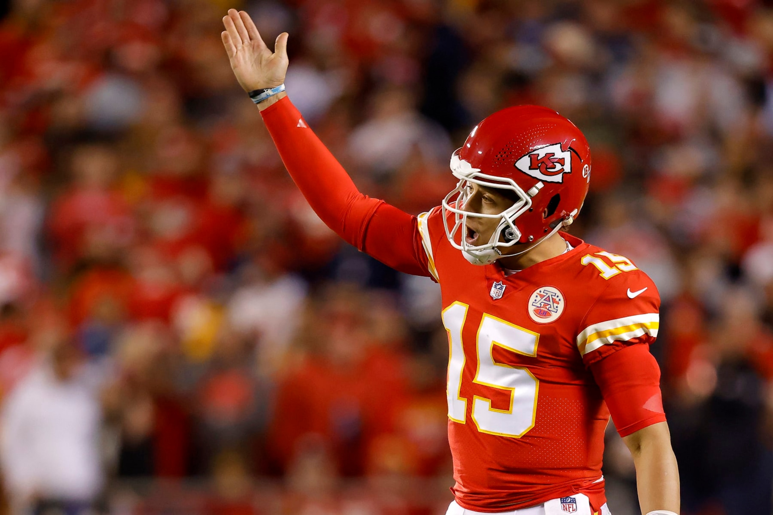 KANSAS CITY, MISSOURI - NOVEMBER 06: Patrick Mahomes #15 of the Kansas City Chiefs reacts to a play against the Tennessee Titans in the first half at Arrowhead Stadium on November 06, 2022 in Kansas City, Missouri. (Photo by David Eulitt/Getty Images)
