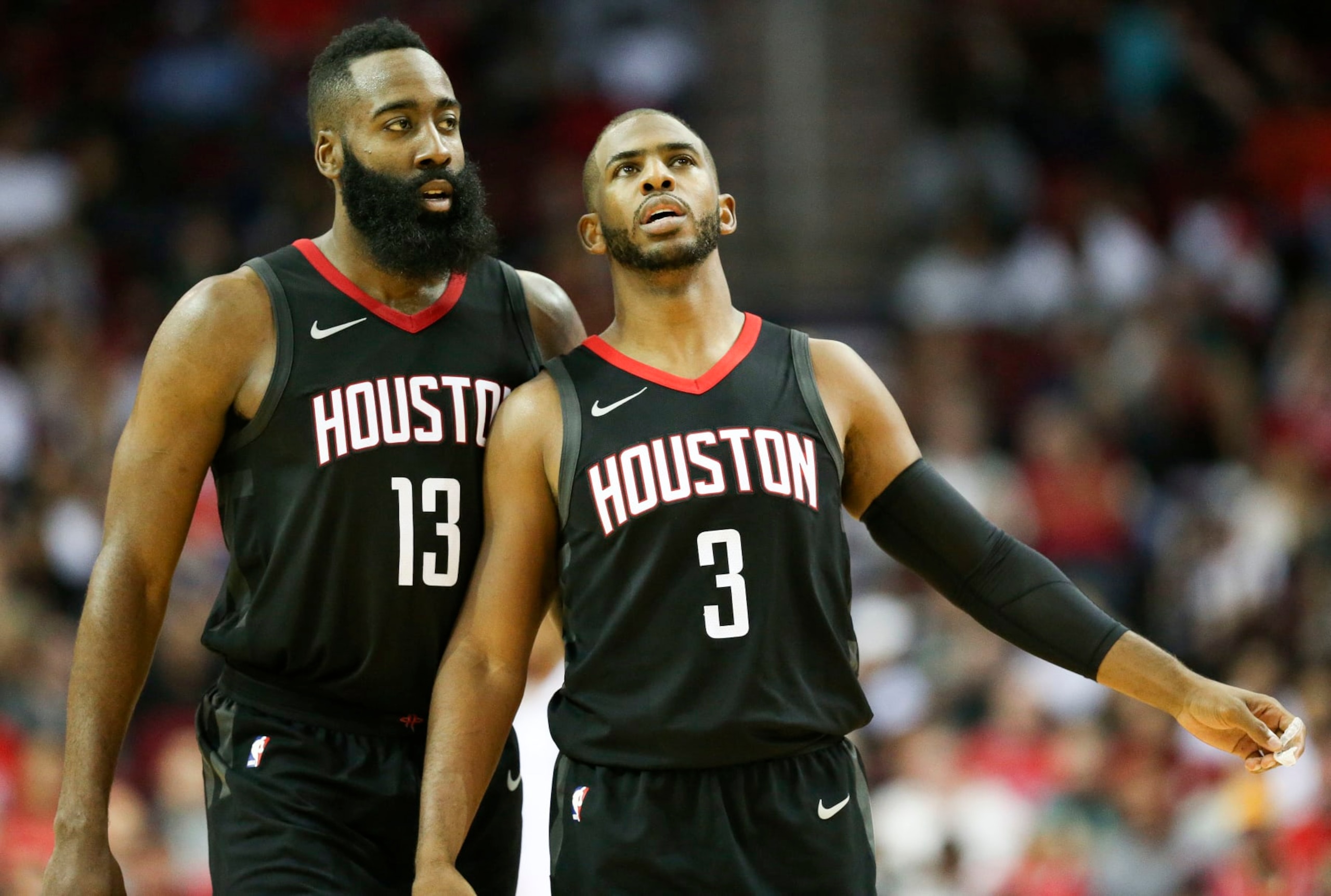 Houston Rockets guard Chris Paul (3) and guard James Harden talk during a timeout during the second half of an NBA basketball game against the Brooklyn Nets, Monday, Nov. 27, 2017, in Houston. Houston won the game 117-103. (AP Photo/Eric Christian Smith) Houston Rockets guard Chris Paul (3) and guard James Harden talk during a timeout during the second half of an NBA basketball game against the Brooklyn Nets, Monday, Nov. 27, 2017, in Houston. Houston won the game 117-103. (AP Photo/Eric Christian Smith)
