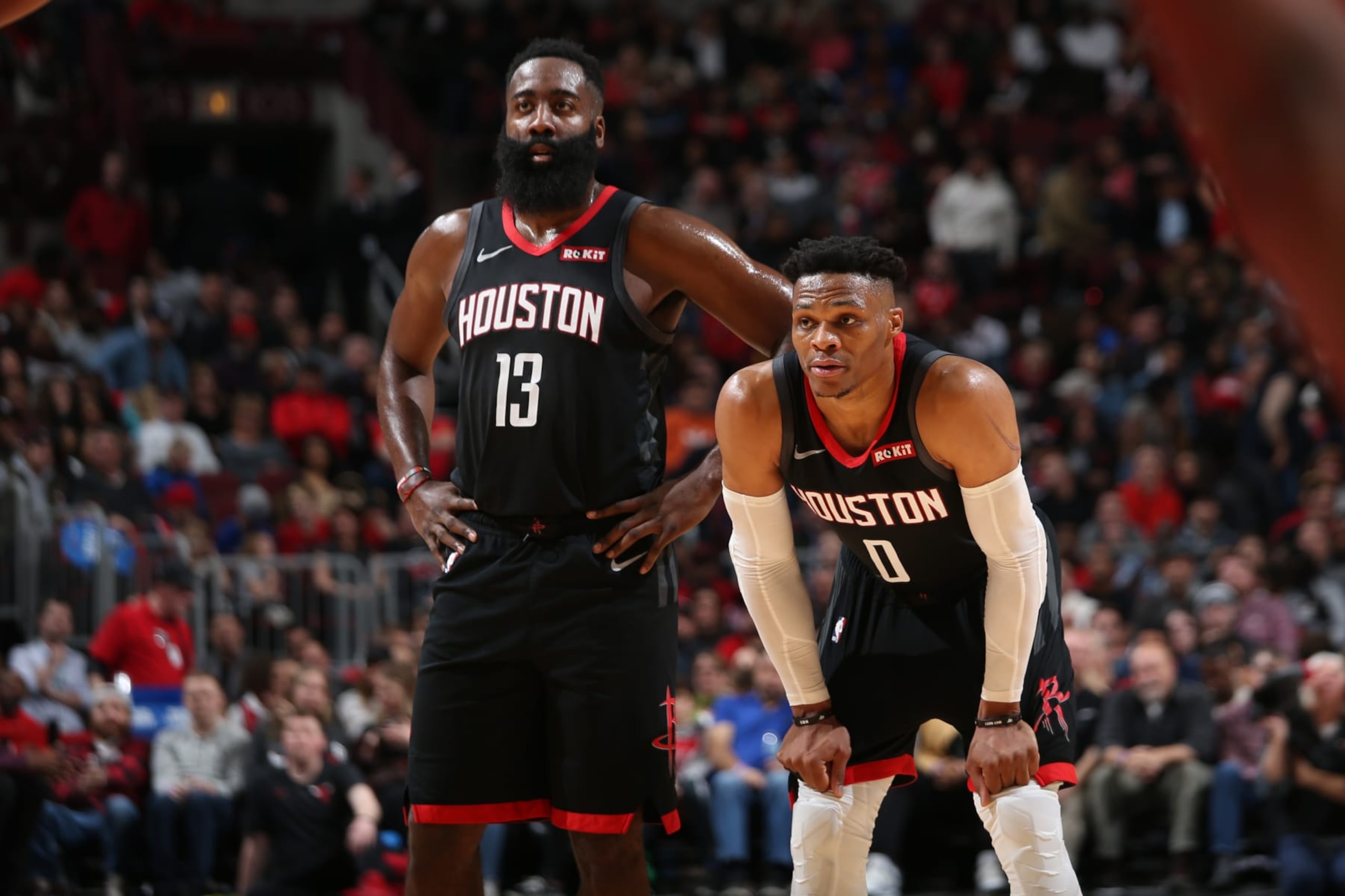 CHICAGO, IL - NOVEMBER 9: Russell Westbrook #0 and James Harden #13 of the Houston Rockets looks on during a game against the Chicago Bulls on November 9, 2019 at the United Center in Chicago, Illinois. NOTE TO USER: User expressly acknowledges and agrees that, by downloading and or using this photograph, user is consenting to the terms and conditions of the Getty Images License Agreement. Mandatory Copyright Notice: Copyright 2019 NBAE (Photo by Gary Dineen/NBAE via Getty Images) CHICAGO, IL - NOVEMBER 9: Russell Westbrook #0 and James Harden #13 of the Houston Rockets looks on during a game against the Chicago Bulls on November 9, 2019 at the United Center in Chicago, Illinois. NOTE TO USER: User expressly acknowledges and agrees that, by downloading and or using this photograph, user is consenting to the terms and conditions of the Getty Images License Agreement. Mandatory Copyright Notice: Copyright 2019 NBAE (Photo by Gary Dineen/NBAE via Getty Images)