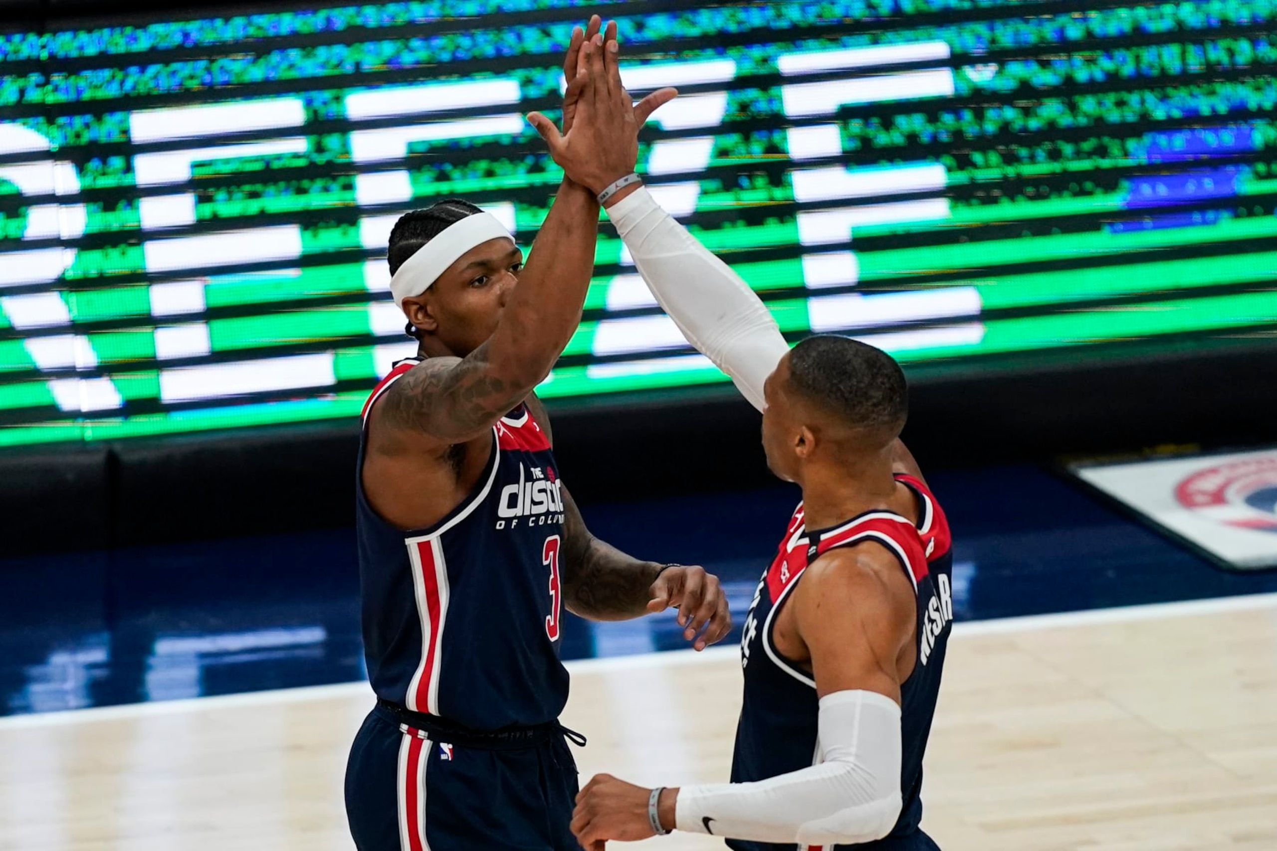 Washington Wizards guard Bradley Beal (3) and Washington Wizards guard Russell Westbrook (4) react after a play during the first half of a basketball game against the Indiana Pacers , Monday, May 3, 2021, in Washington. (AP Photo/Alex Brandon) Washington Wizards guard Bradley Beal (3) and Washington Wizards guard Russell Westbrook (4) react after a play during the first half of a basketball game against the Indiana Pacers , Monday, May 3, 2021, in Washington. (AP Photo/Alex Brandon)