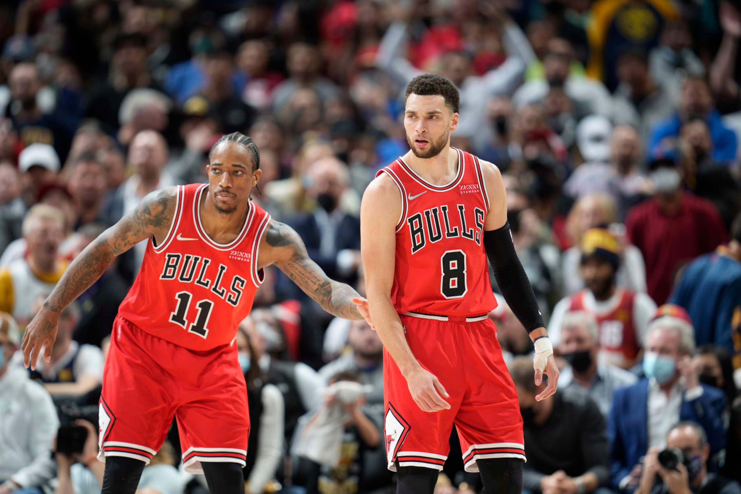 Chicago Bulls forward DeMar DeRozan (11) and Chicago Bulls guard Zach LaVine (8) in the second half of an NBA basketball game Friday, Nov. 19, 2021, in Denver. The Bulls won 114-108. (AP Photo/David Zalubowski) Chicago Bulls forward DeMar DeRozan (11) and Chicago Bulls guard Zach LaVine (8) in the second half of an NBA basketball game Friday, Nov. 19, 2021, in Denver. The Bulls won 114-108. (AP Photo/David Zalubowski)