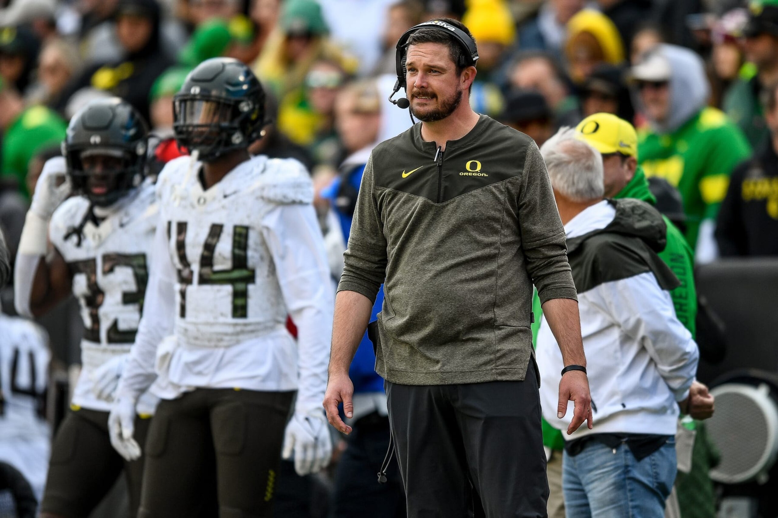 BOULDER, CO - NOVEMBER 5: Head coach Dan Lanning of the Oregon Ducks looks on from the sideline in a game against the Colorado Buffaloes at Folsom Field on November 5, 2022 in Boulder, Colorado. (Photo by Dustin Bradford/Getty Images) BOULDER, CO - NOVEMBER 5: Head coach Dan Lanning of the Oregon Ducks looks on from the sideline in a game against the Colorado Buffaloes at Folsom Field on November 5, 2022 in Boulder, Colorado. (Photo by Dustin Bradford/Getty Images)