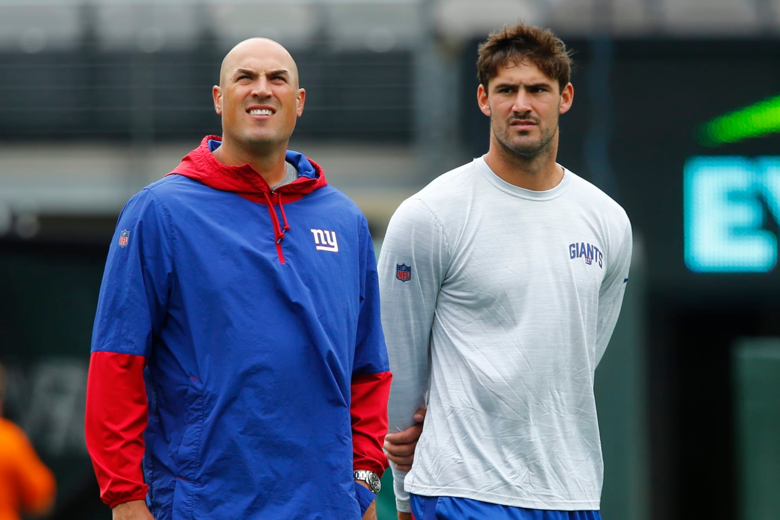 Mike Kafka (left) has helped Daniel Jones (right) have his best season in five years. 