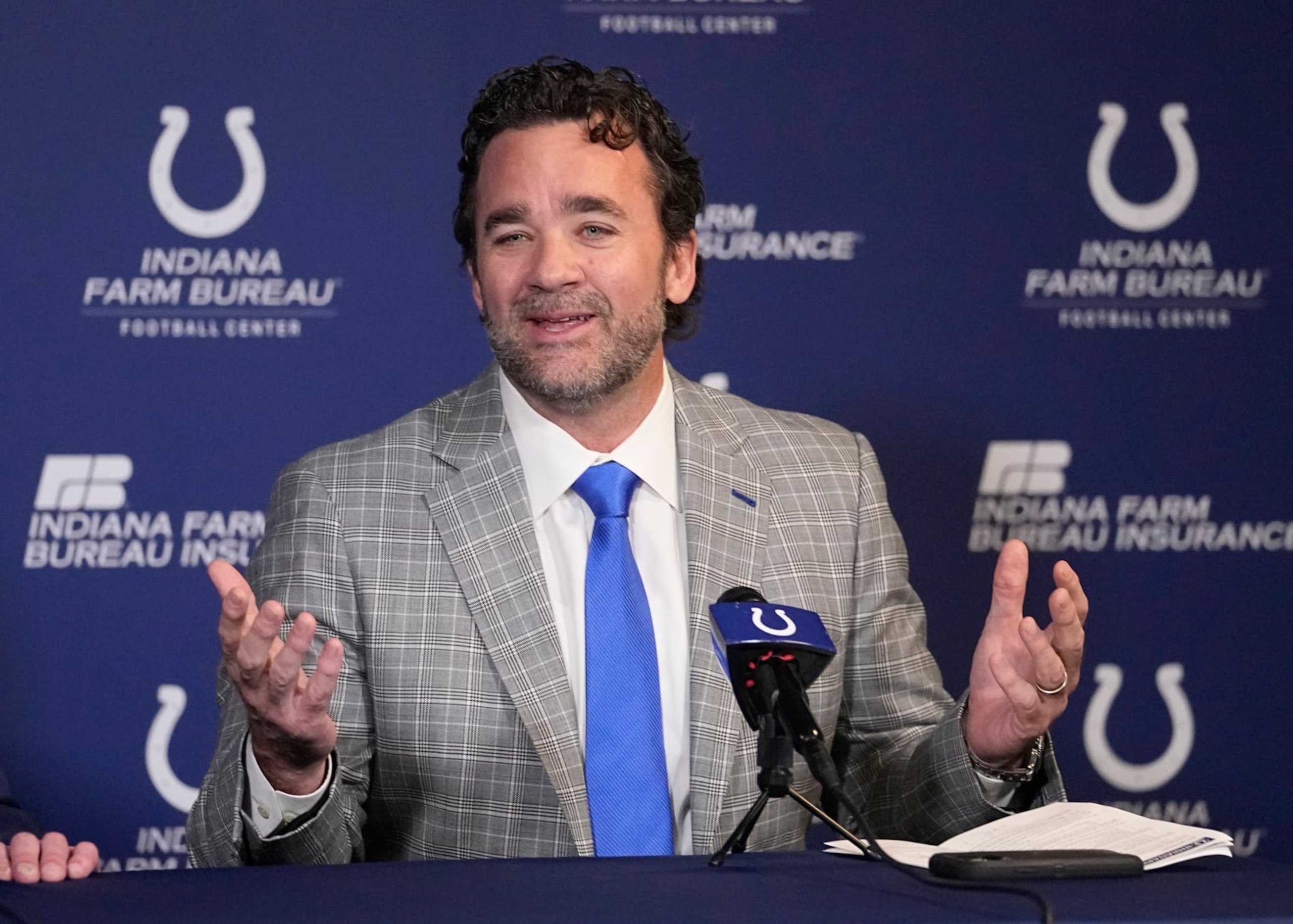 Indianapolis Colts interim coach Jeff Saturday speaks during a news conference at the NFL football team's practice facility Monday, Nov. 7, 2022, in Indianapolis. (AP Photo/Darron Cummings) Indianapolis Colts interim coach Jeff Saturday speaks during a news conference at the NFL football team's practice facility Monday, Nov. 7, 2022, in Indianapolis. (AP Photo/Darron Cummings)