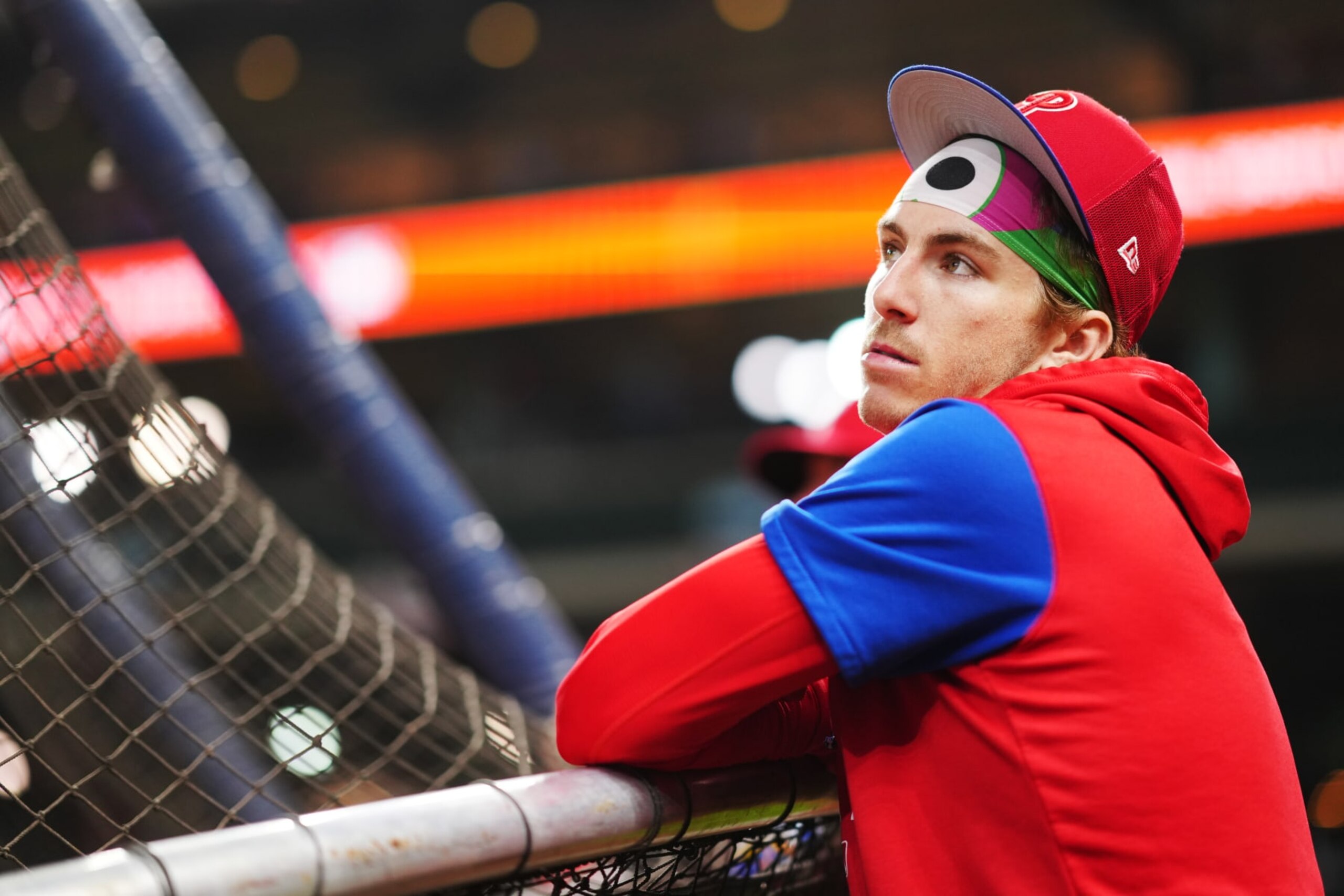 HOUSTON, TX - OCTOBER 28: Bryson Stott #5 of the Philadelphia Phillies watches batting practice prior to Game 1 of the 2022 World Series between the Philadelphia Phillies and the Houston Astros at Minute Maid Park on Friday, October 28, 2022 in Houston, Texas. (Photo by Daniel Shirey/MLB Photos via Getty Images) HOUSTON, TX - OCTOBER 28: Bryson Stott #5 of the Philadelphia Phillies watches batting practice prior to Game 1 of the 2022 World Series between the Philadelphia Phillies and the Houston Astros at Minute Maid Park on Friday, October 28, 2022 in Houston, Texas. (Photo by Daniel Shirey/MLB Photos via Getty Images)