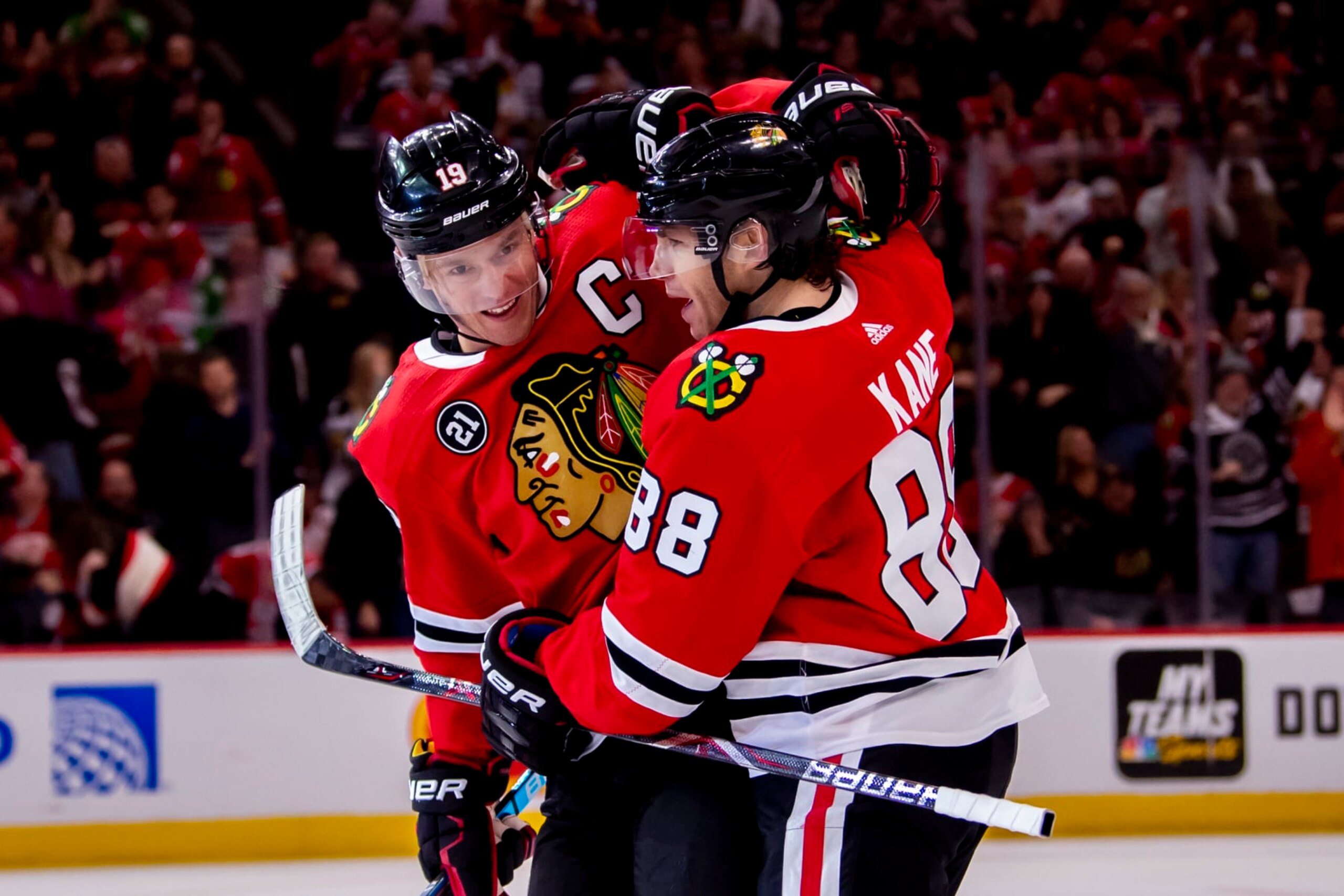 CHICAGO, IL - FEBRUARY 10: Chicago Blackhawks right wing Patrick Kane (88) celebrates his goal with center Jonathan Toews (19) during a game against the Detroit Red Wings on February 10, 2019, at the United Center in Chicago, IL. (Photo by Patrick Gorski/Icon Sportswire via Getty Images) CHICAGO, IL - FEBRUARY 10: Chicago Blackhawks right wing Patrick Kane (88) celebrates his goal with center Jonathan Toews (19) during a game against the Detroit Red Wings on February 10, 2019, at the United Center in Chicago, IL. (Photo by Patrick Gorski/Icon Sportswire via Getty Images)
