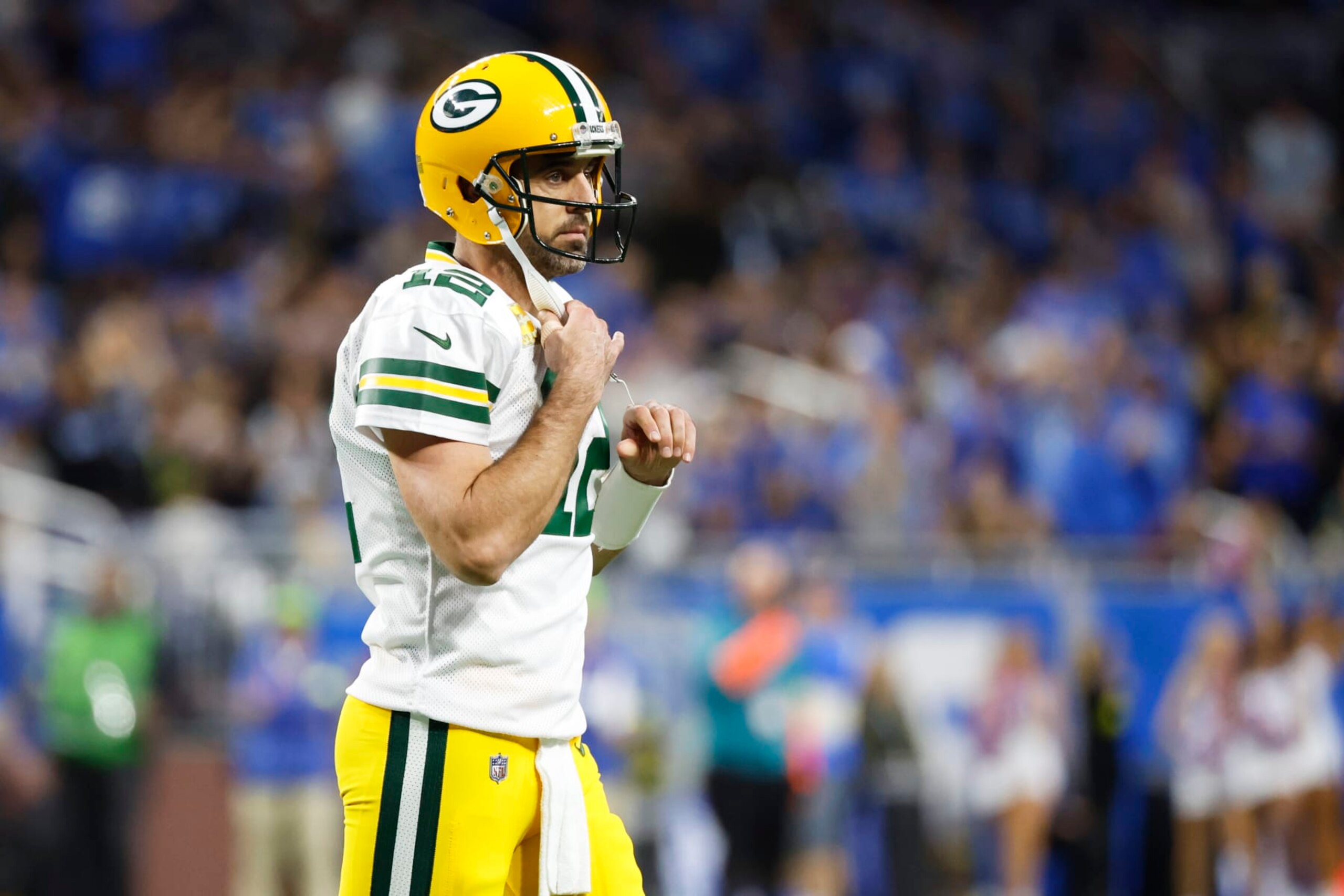 Green Bay Packers quarterback Aaron Rodgers (12) walks off the field during the first half against the Detroit Lions during an NFL football game, Sunday, Nov. 6, 2022, in Detroit. (AP Photo/Rick Osentoski) Green Bay Packers quarterback Aaron Rodgers (12) walks off the field during the first half against the Detroit Lions during an NFL football game, Sunday, Nov. 6, 2022, in Detroit. (AP Photo/Rick Osentoski)