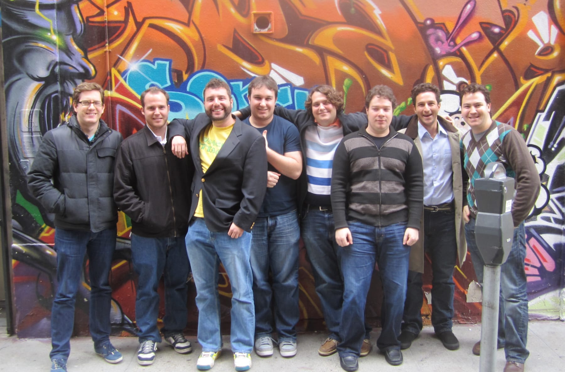 Early days at Bleacher Report with staffers, from left, Rory Brown, Dave Morrison, Aron Glatzer, Jeff Kneis, Zander Freund, Bryan Goldberg, Max Tcheyan and Dave Nemetz.