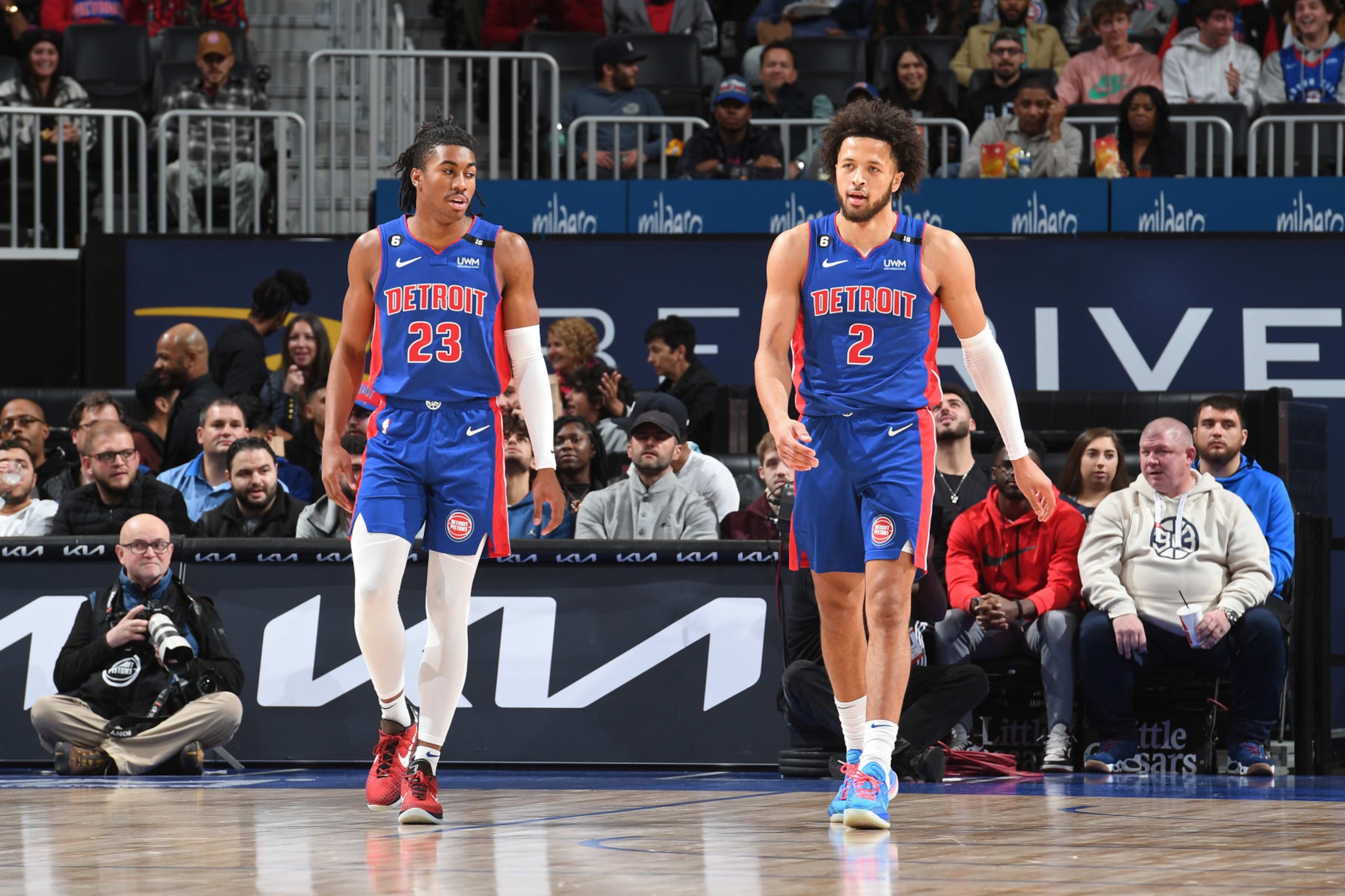 DETROIT, MI - NOVEMBER 7: Jaden Ivey #23 and Cade Cunningham #2 of the Detroit Pistons walk up court against the Oklahoma City Thunder on November 7, 2022 at Little Caesars Arena in Detroit, Michigan. NOTE TO USER: User expressly acknowledges and agrees that, by downloading and/or using this photograph, User is consenting to the terms and conditions of the Getty Images License Agreement. Mandatory Copyright Notice: Copyright 2022 NBAE (Photo by Chris Schwegler/NBAE via Getty Images) DETROIT, MI - NOVEMBER 7: Jaden Ivey #23 and Cade Cunningham #2 of the Detroit Pistons walk up court against the Oklahoma City Thunder on November 7, 2022 at Little Caesars Arena in Detroit, Michigan. NOTE TO USER: User expressly acknowledges and agrees that, by downloading and/or using this photograph, User is consenting to the terms and conditions of the Getty Images License Agreement. Mandatory Copyright Notice: Copyright 2022 NBAE (Photo by Chris Schwegler/NBAE via Getty Images)