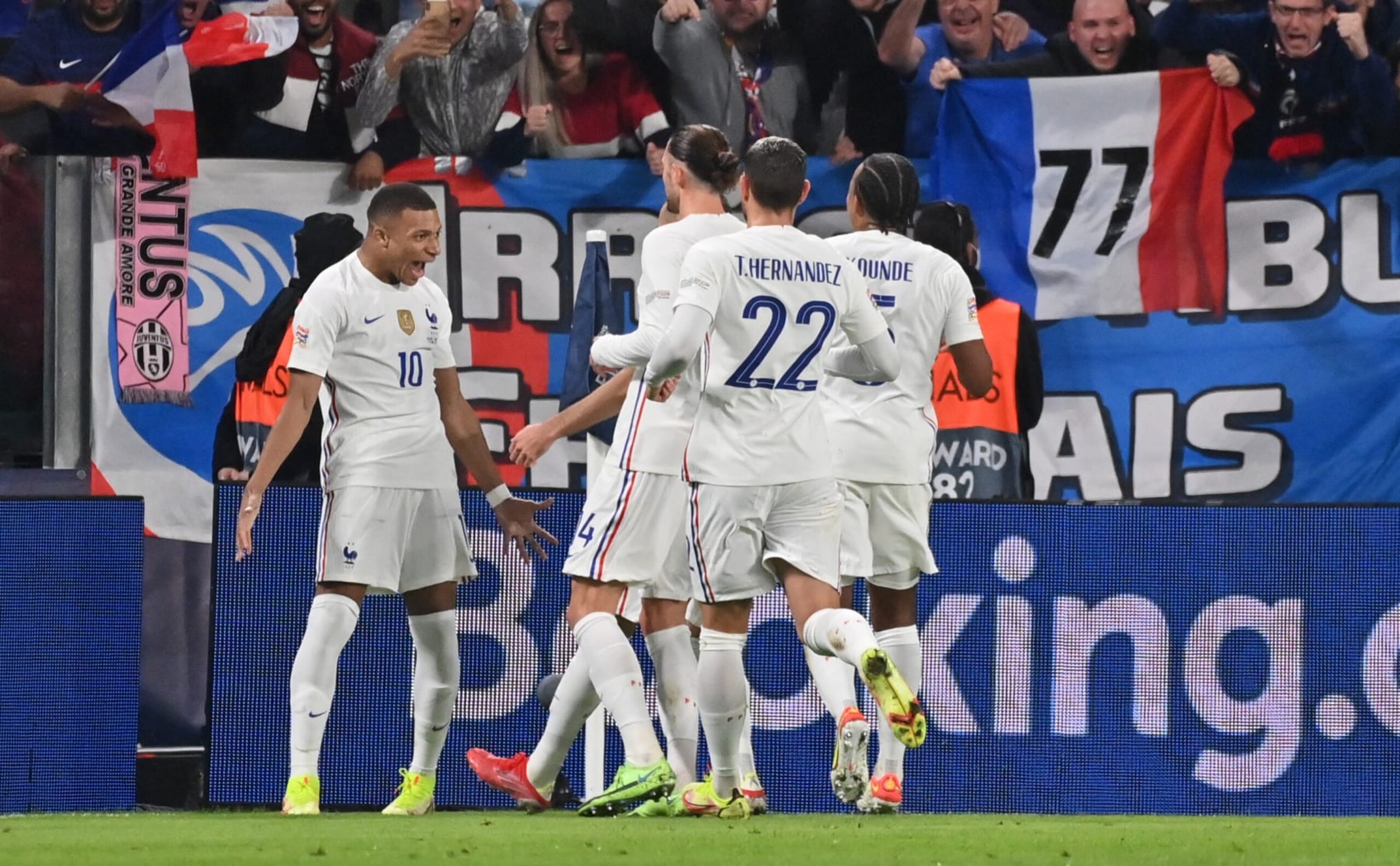 France's Kylian Mbappe celebrates after scoring during a soccer game between Belgian national team Red Devils and France, the semi-finals of the Nations League, in Torino, Italy, on Thursday 07 October 2021. BELGA PHOTO DIRK WAEM (Photo by DIRK WAEM/BELGA MAG/AFP via Getty Images) France's Kylian Mbappe celebrates after scoring during a soccer game between Belgian national team Red Devils and France, the semi-finals of the Nations League, in Torino, Italy, on Thursday 07 October 2021. BELGA PHOTO DIRK WAEM (Photo by DIRK WAEM/BELGA MAG/AFP via Getty Images)