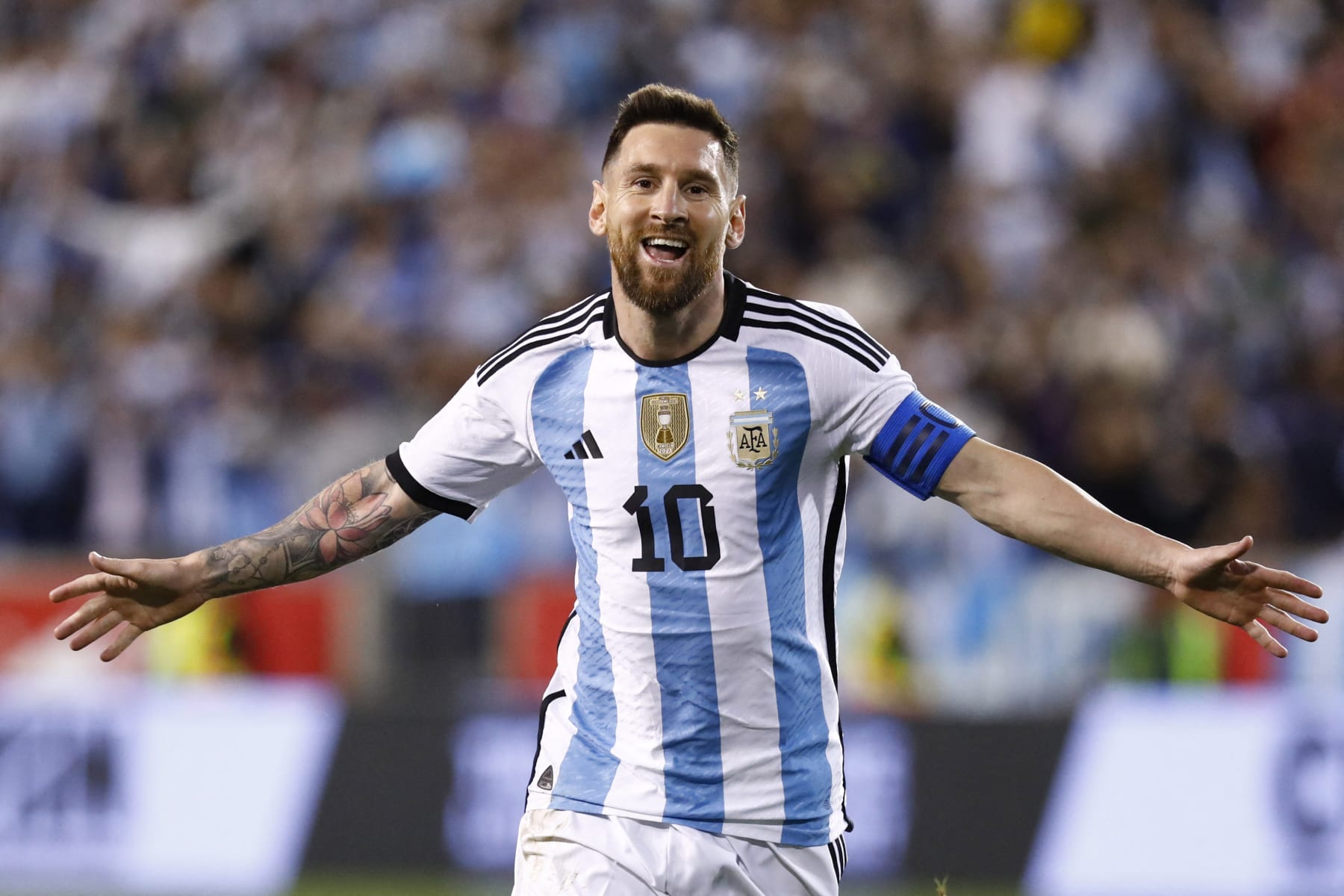 Argentina's Lionel Messi celebrates his goal during the international friendly football match between Argentina and Jamaica at Red Bull Arena in Harrison, New Jersey, on September 27, 2022. (Photo by Andres Kudacki / AFP) (Photo by ANDRES KUDACKI/AFP via Getty Images)