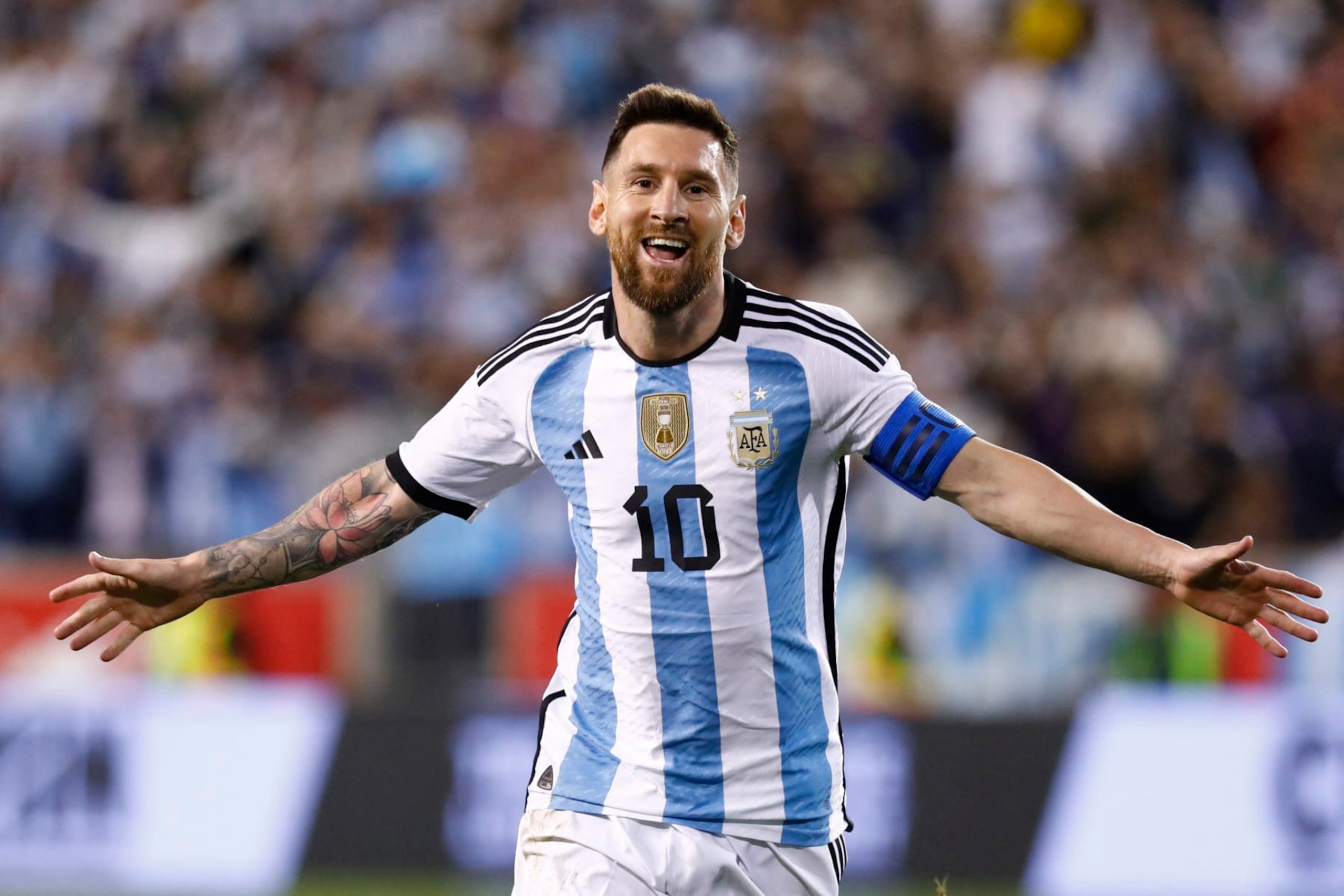 Argentina's Lionel Messi celebrates his goal during the international friendly football match between Argentina and Jamaica at Red Bull Arena in Harrison, New Jersey, on September 27, 2022. (Photo by Andres Kudacki / AFP) (Photo by ANDRES KUDACKI/AFP via Getty Images) Argentina's Lionel Messi celebrates his goal during the international friendly football match between Argentina and Jamaica at Red Bull Arena in Harrison, New Jersey, on September 27, 2022. (Photo by Andres Kudacki / AFP) (Photo by ANDRES KUDACKI/AFP via Getty Images)