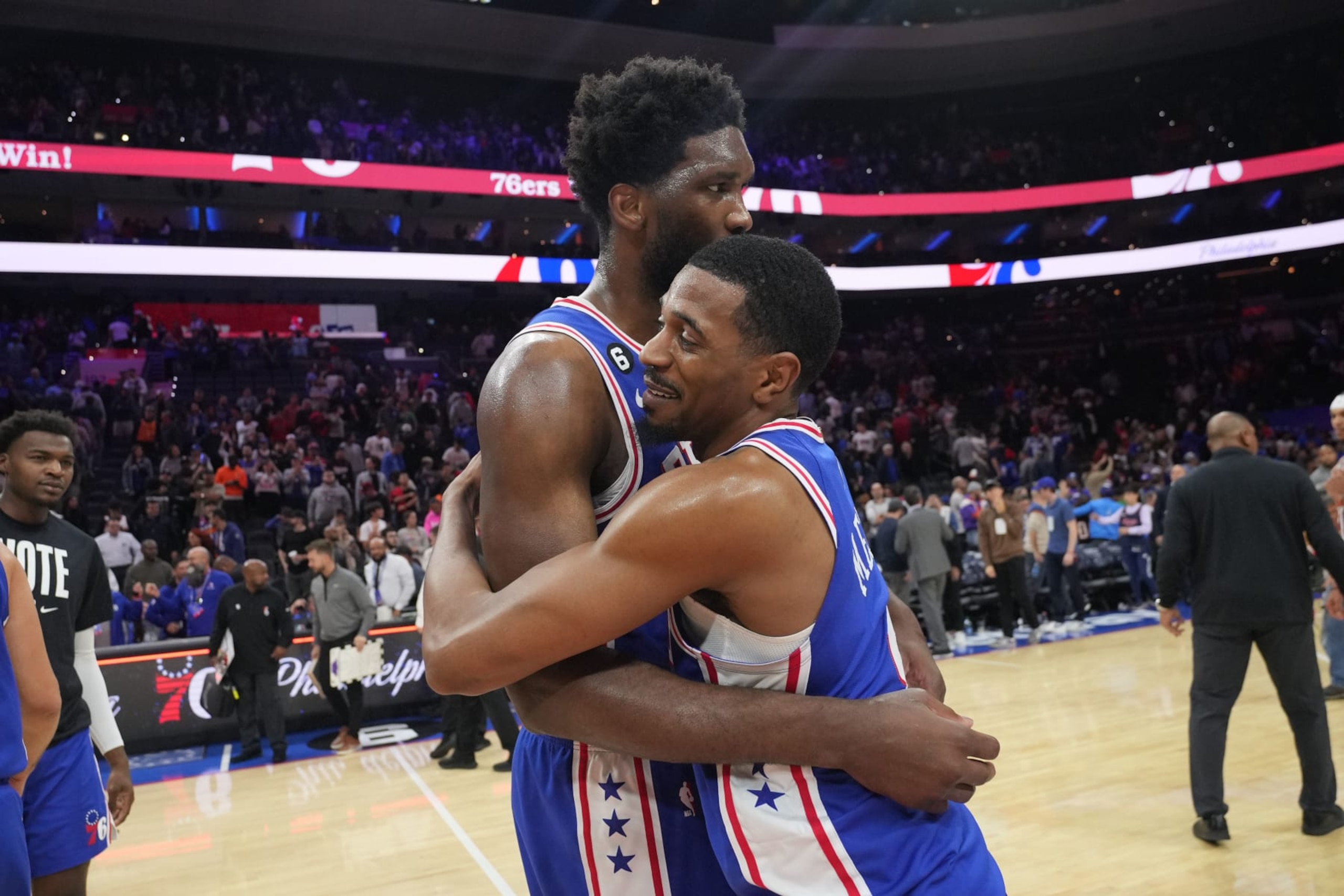PHILADELPHIA, PA - NOVEMBER 7: Joel Embiid #21 hugs De'Anthony Melton #8 of the Philadelphia 76ers attends a game against the Phoenix Suns on November 7, 2022 at the Wells Fargo Center in Philadelphia, Pennsylvania NOTE TO USER: User expressly acknowledges and agrees that, by downloading and/or using this Photograph, user is consenting to the terms and conditions of the Getty Images License Agreement. Mandatory Copyright Notice: Copyright 2022 NBAE (Photo by Jesse D. Garrabrant/NBAE via Getty Images) PHILADELPHIA, PA - NOVEMBER 7: Joel Embiid #21 hugs De'Anthony Melton #8 of the Philadelphia 76ers attends a game against the Phoenix Suns on November 7, 2022 at the Wells Fargo Center in Philadelphia, Pennsylvania NOTE TO USER: User expressly acknowledges and agrees that, by downloading and/or using this Photograph, user is consenting to the terms and conditions of the Getty Images License Agreement. Mandatory Copyright Notice: Copyright 2022 NBAE (Photo by Jesse D. Garrabrant/NBAE via Getty Images)