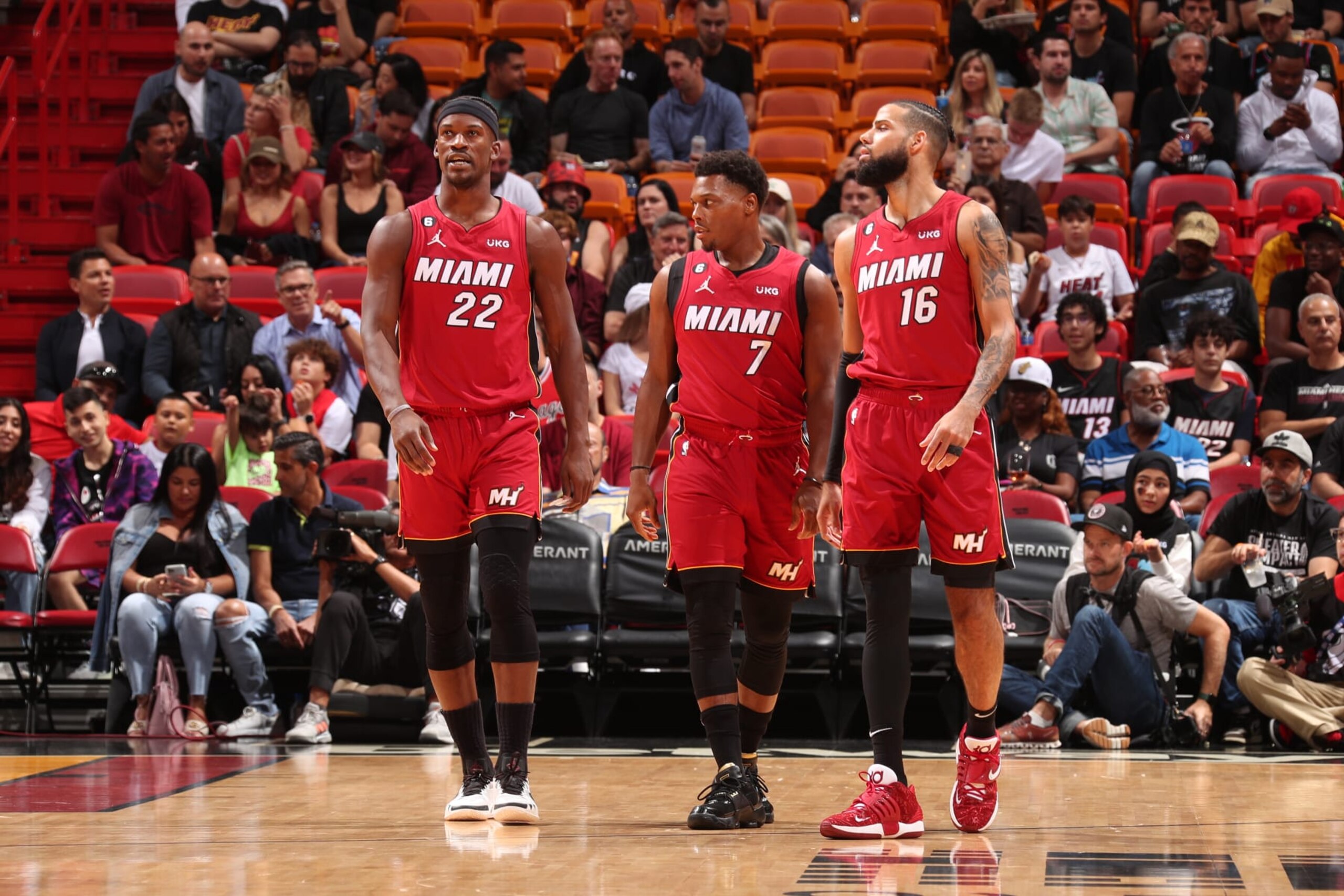 MIAMI, FL - NOVEMBER 7: Miami Heat looks on during the game against the Portland Trail Blazers on November 7, 2022 at FTX Arena in Miami, Florida. NOTE TO USER: User expressly acknowledges and agrees that, by downloading and or using this Photograph, user is consenting to the terms and conditions of the Getty Images License Agreement. Mandatory Copyright Notice: Copyright 2022 NBAE (Photo by Issac Baldizon/NBAE via Getty Images) MIAMI, FL - NOVEMBER 7: Miami Heat looks on during the game against the Portland Trail Blazers on November 7, 2022 at FTX Arena in Miami, Florida. NOTE TO USER: User expressly acknowledges and agrees that, by downloading and or using this Photograph, user is consenting to the terms and conditions of the Getty Images License Agreement. Mandatory Copyright Notice: Copyright 2022 NBAE (Photo by Issac Baldizon/NBAE via Getty Images)