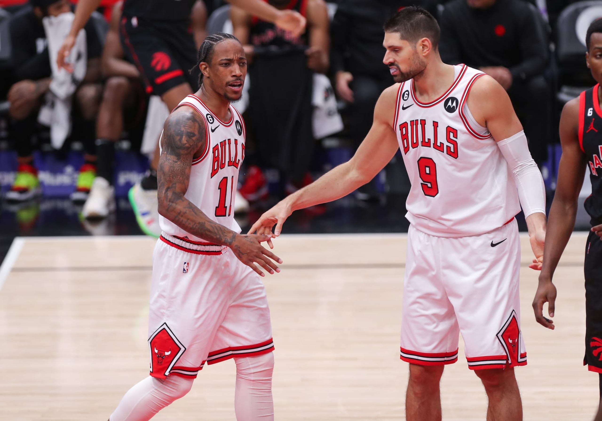 CHICAGO, IL - NOVEMBER 07: Chicago Bulls forward DeMar DeRozan (11) reacts to a call during a NBA game between the Toronto Raptors and the Chicago Bulls on November 7, 2022 at the United Center in Chicago, IL. (Photo by Melissa Tamez/Icon Sportswire via Getty Images) CHICAGO, IL - NOVEMBER 07: Chicago Bulls forward DeMar DeRozan (11) reacts to a call during a NBA game between the Toronto Raptors and the Chicago Bulls on November 7, 2022 at the United Center in Chicago, IL. (Photo by Melissa Tamez/Icon Sportswire via Getty Images)