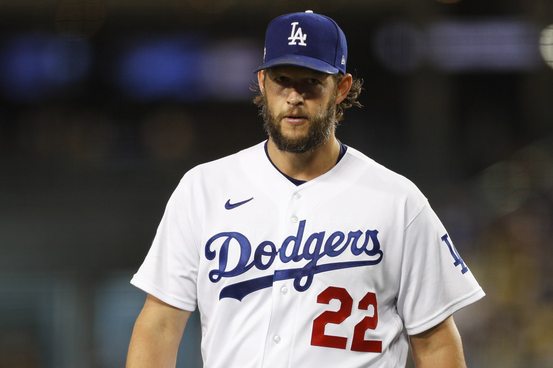 LOS ANGELES, CA - OCTOBER 12: Los Angeles Dodgers starting pitcher Clayton Kershaw (22) reacts during the NLDS Game 2 between the San Diego Padres and the Los Angeles Dodgers on October 12, 2022 at Dodger Stadium in Los Angeles, CA. (Photo by Brandon Sloter/Icon Sportswire via Getty Images)