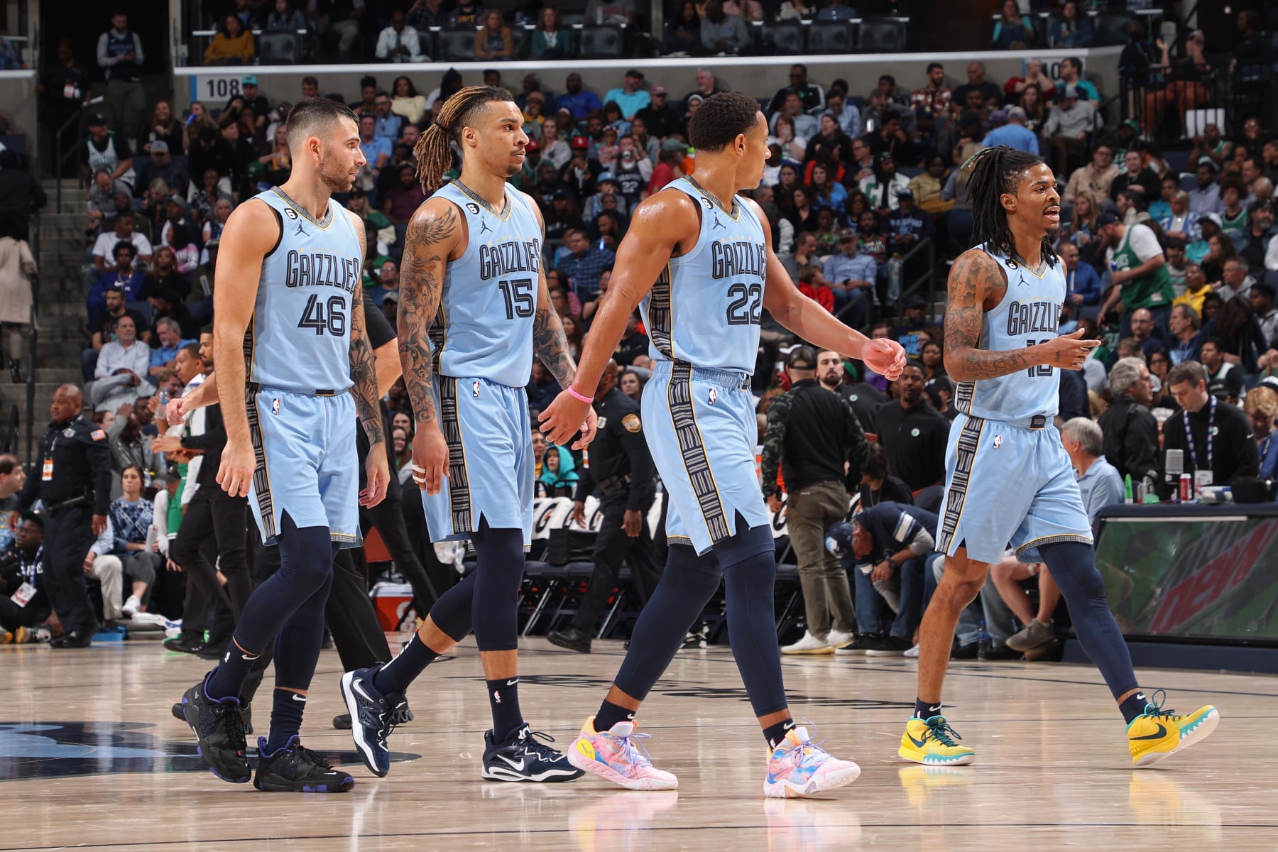 MEMPHIS, TN - NOVEMBER 7: The Memphis Grizzlies walk off the court against the Boston Celtics on November 7, 2022 at FedExForum in Memphis, Tennessee. NOTE TO USER: User expressly acknowledges and agrees that, by downloading and or using this photograph, User is consenting to the terms and conditions of the Getty Images License Agreement. Mandatory Copyright Notice: Copyright 2022 NBAE (Photo by Joe Murphy/NBAE via Getty Images)