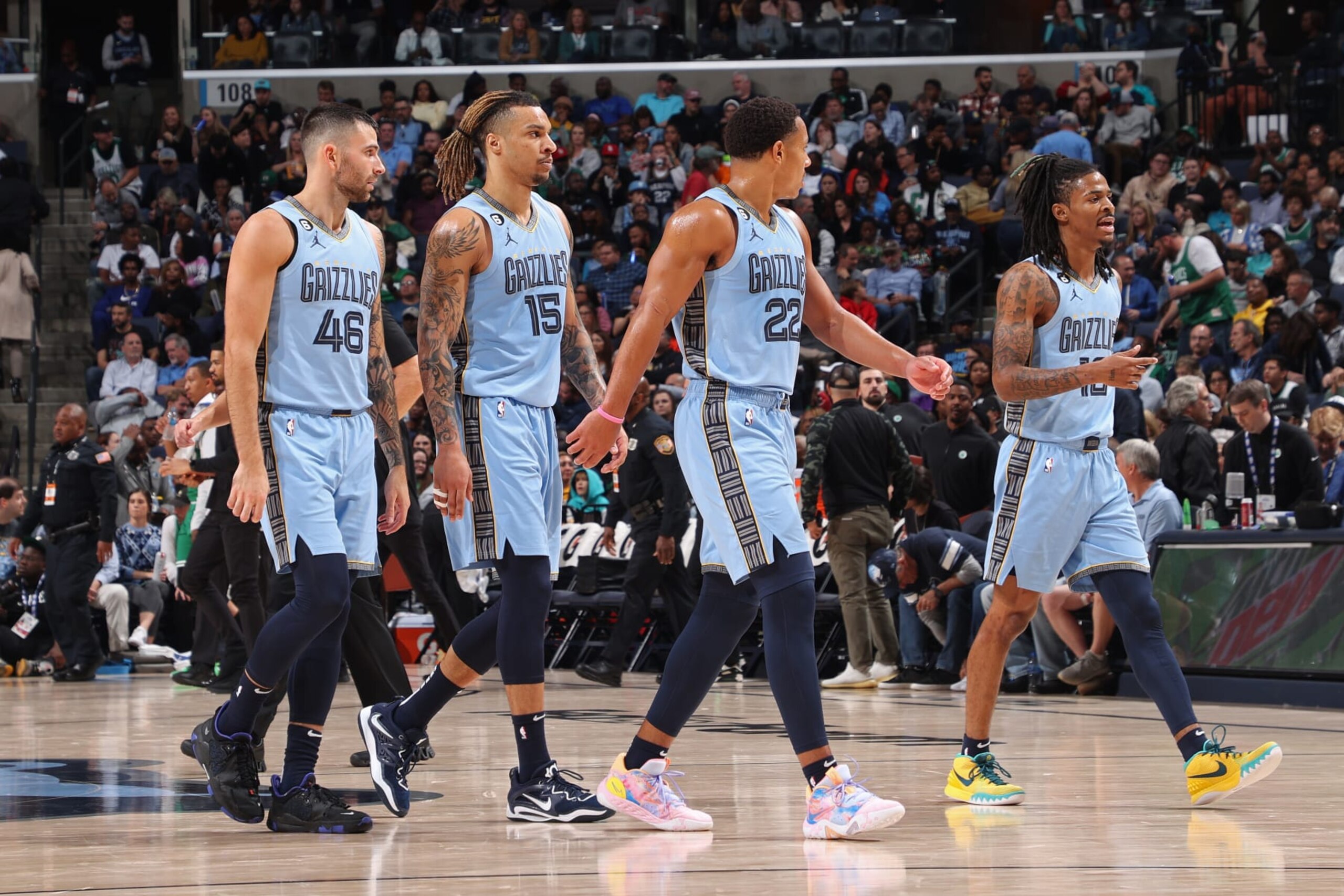 MEMPHIS, TN - NOVEMBER 7: The Memphis Grizzlies walk off the court against the Boston Celtics on November 7, 2022 at FedExForum in Memphis, Tennessee. NOTE TO USER: User expressly acknowledges and agrees that, by downloading and or using this photograph, User is consenting to the terms and conditions of the Getty Images License Agreement. Mandatory Copyright Notice: Copyright 2022 NBAE (Photo by Joe Murphy/NBAE via Getty Images) MEMPHIS, TN - NOVEMBER 7: The Memphis Grizzlies walk off the court against the Boston Celtics on November 7, 2022 at FedExForum in Memphis, Tennessee. NOTE TO USER: User expressly acknowledges and agrees that, by downloading and or using this photograph, User is consenting to the terms and conditions of the Getty Images License Agreement. Mandatory Copyright Notice: Copyright 2022 NBAE (Photo by Joe Murphy/NBAE via Getty Images)