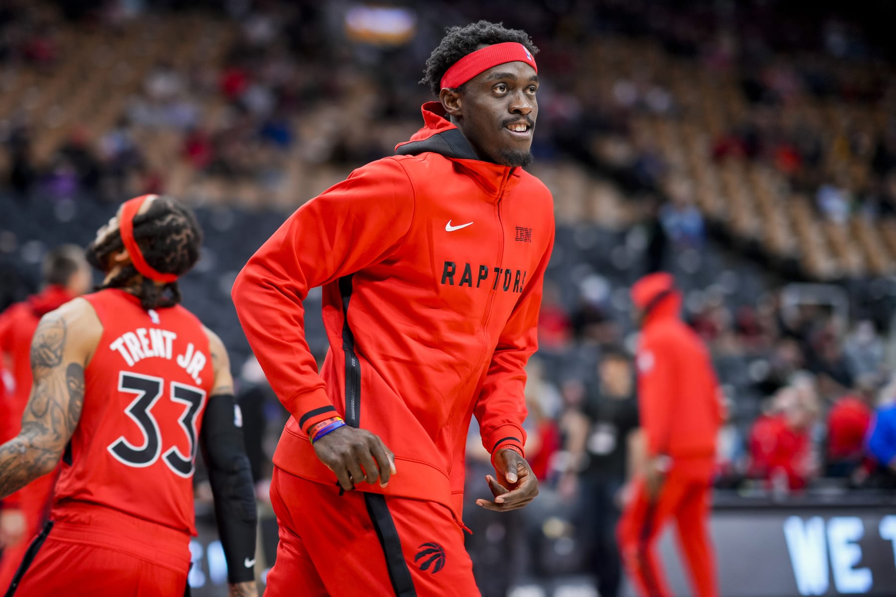 TORONTO, CANADA - OCTOBER 28: Pascal Siakam #43 of the Toronto Raptors warms up before the game against the Philadelphia 76ers on October 28, 2022 at the Scotiabank Arena in Toronto, Ontario, Canada.  NOTE TO USER: User expressly acknowledges and agrees that, by downloading and or using this Photograph, user is consenting to the terms and conditions of the Getty Images License Agreement.  Mandatory Copyright Notice: Copyright 2022 NBAE (Photo by Mark Blinch/NBAE via Getty Images)