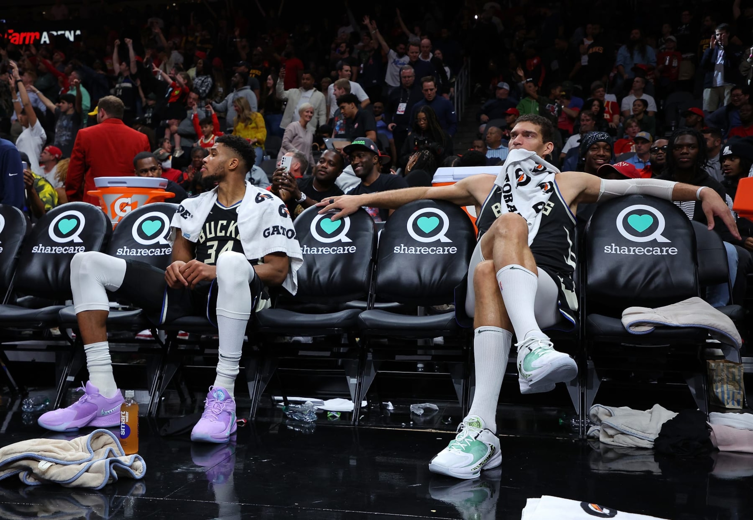 ATLANTA, GEORGIA - NOVEMBER 07: Giannis Antetokounmpo #34 and Brook Lopez #11of the Milwaukee Bucks react during a timeout in the final seconds against the Atlanta Hawks during the second half at State Farm Arena on November 07, 2022 in Atlanta, Georgia. NOTE TO USER: User expressly acknowledges and agrees that, by downloading and or using this photograph, User is consenting to the terms and conditions of the Getty Images License Agreement. (Photo by Kevin C. Cox/Getty Images) ATLANTA, GEORGIA - NOVEMBER 07: Giannis Antetokounmpo #34 and Brook Lopez #11of the Milwaukee Bucks react during a timeout in the final seconds against the Atlanta Hawks during the second half at State Farm Arena on November 07, 2022 in Atlanta, Georgia. NOTE TO USER: User expressly acknowledges and agrees that, by downloading and or using this photograph, User is consenting to the terms and conditions of the Getty Images License Agreement. (Photo by Kevin C. Cox/Getty Images)