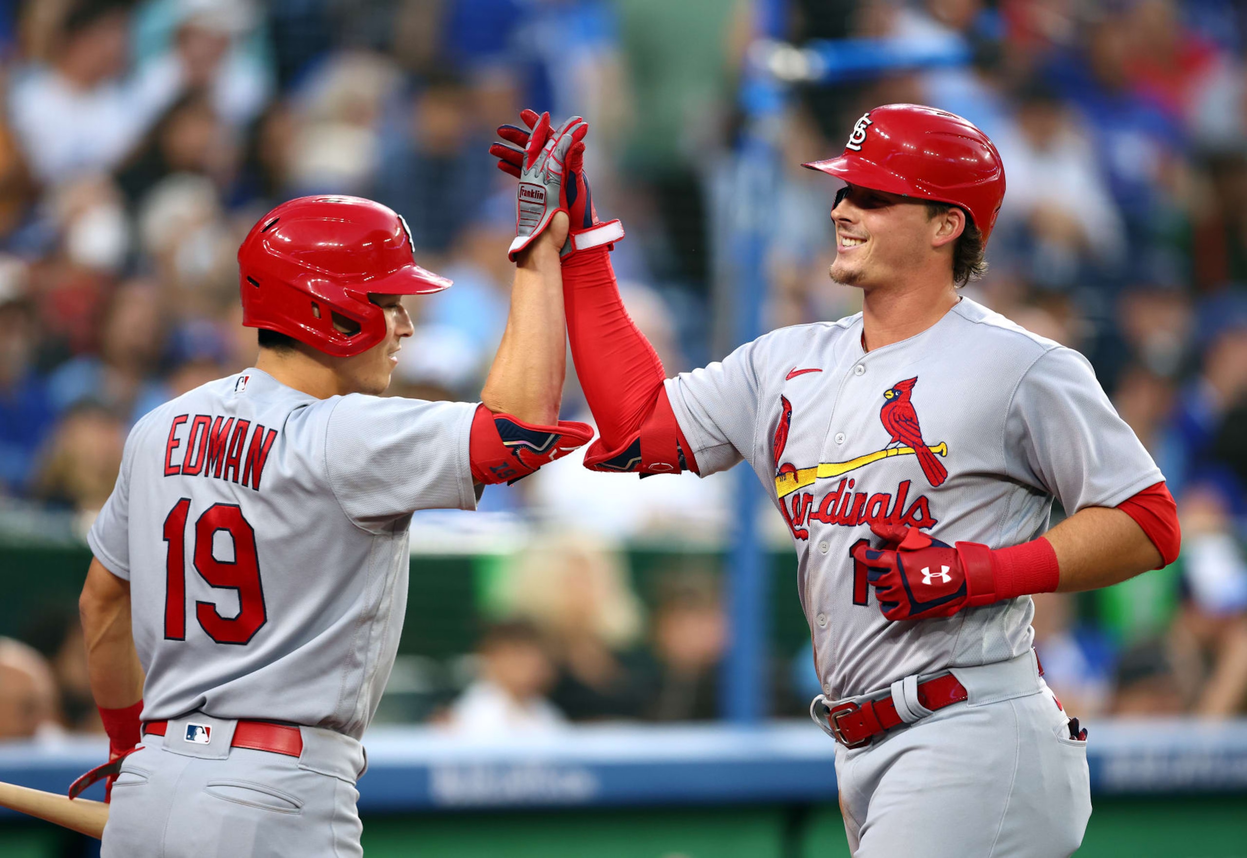 TORONTO, ON - JULY 27: Nolan Gorman #16 of the St. Louis Cardinals celebrates with Tommy Edman #19 after hitting a solo home run in the fifth inning against the Toronto Blue Jays at Rogers Centre on July 27, 2022 in Toronto, Ontario, Canada. (Photo by Vaughn Ridley/Getty Images) TORONTO, ON - JULY 27: Nolan Gorman #16 of the St. Louis Cardinals celebrates with Tommy Edman #19 after hitting a solo home run in the fifth inning against the Toronto Blue Jays at Rogers Centre on July 27, 2022 in Toronto, Ontario, Canada. (Photo by Vaughn Ridley/Getty Images)