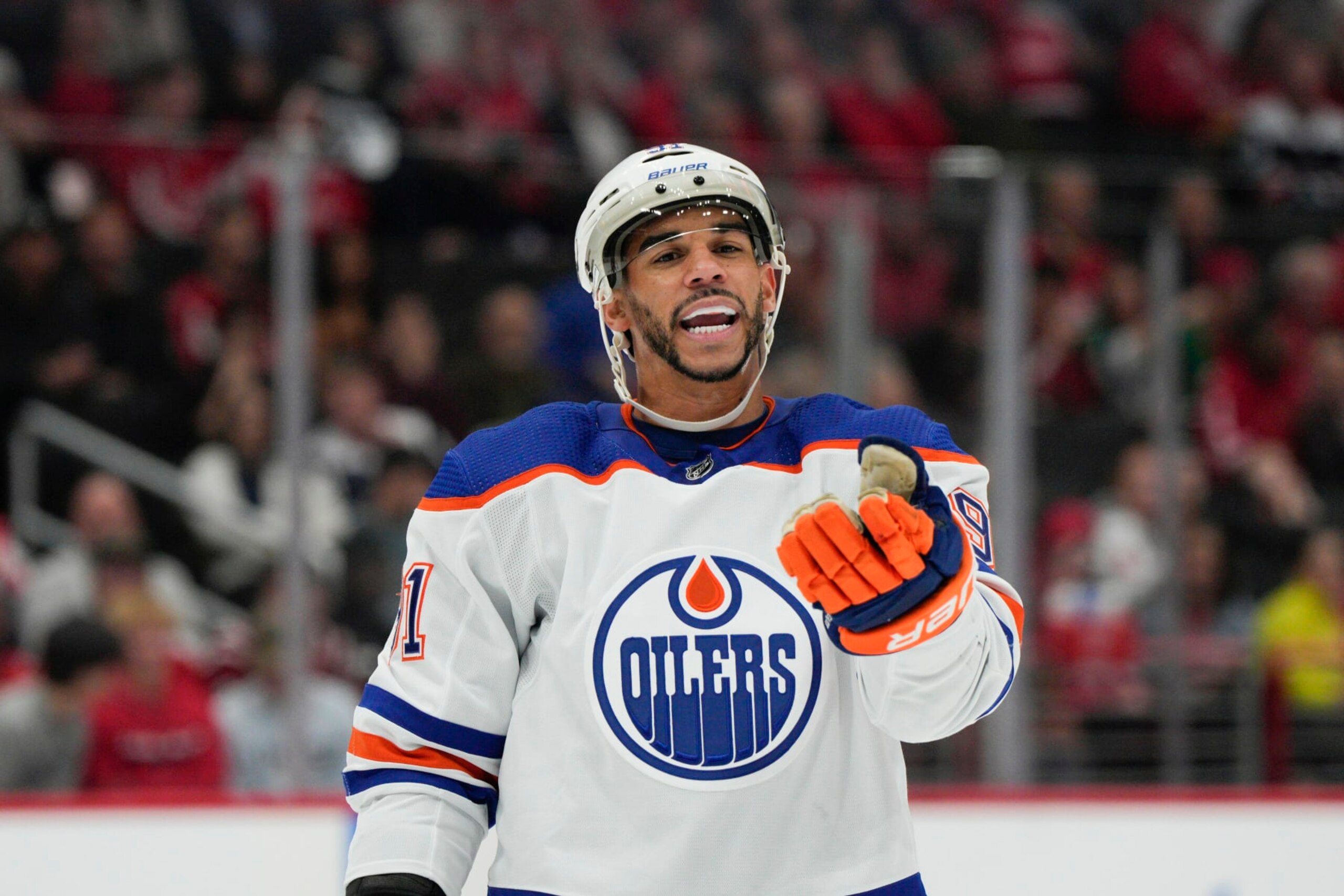 WASHINGTON, DC - NOVEMBER 07: Evander Kane #91 of the Edmonton Oilers reacts against the Washington Capitals during the first period of the game at Capital One Arena on November 07, 2022 in Washington, DC. (Photo by Jess Rapfogel/Getty Images)