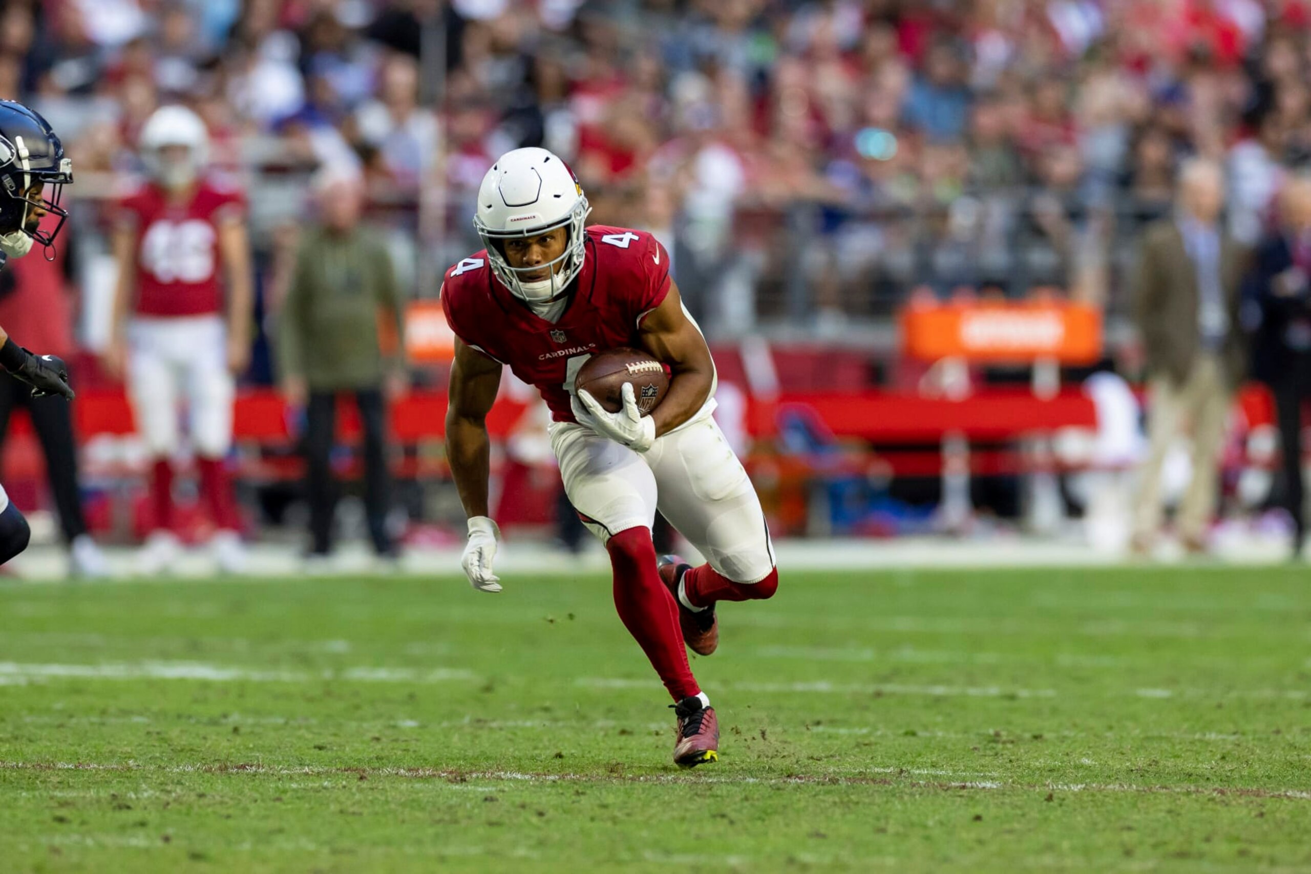 Arizona Cardinals wide receiver Rondale Moore (4) against the Seattle Seahawks in an NFL football game, Sunday, Nov. 6, 2022, in Glendale, Ariz. Seahawks won 31-21. (AP Photo/Jeff Lewis)
