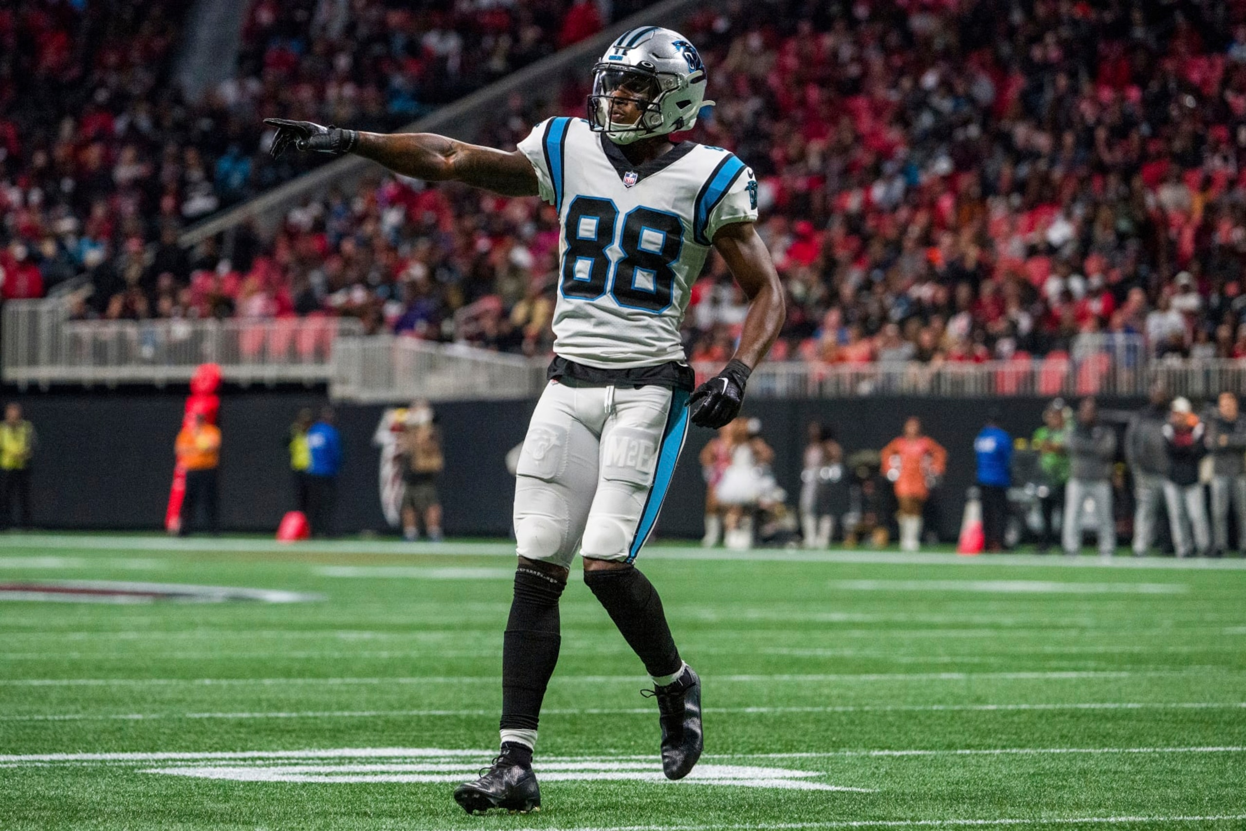 Carolina Panthers wide receiver Terrace Marshall Jr. (88) lines up during the first half of an NFL football game against the Atlanta Falcons, Sunday, Oct. 30, 2022, in Atlanta. The Atlanta Falcons won 37-34. (AP Photo/Danny Karnik) Carolina Panthers wide receiver Terrace Marshall Jr. (88) lines up during the first half of an NFL football game against the Atlanta Falcons, Sunday, Oct. 30, 2022, in Atlanta. The Atlanta Falcons won 37-34. (AP Photo/Danny Karnik)