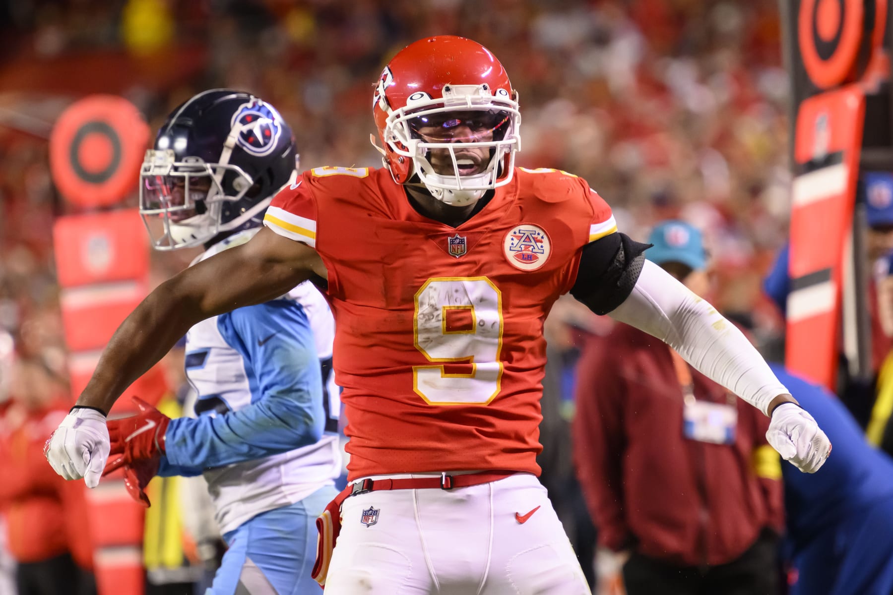 Kansas City Chiefs wide receiver JuJu Smith-Schuster celebrates a first down catch against the Tennessee Titans during overtime in an NFL football game, Sunday, Nov. 6, 2022 in Kansas City, Mo. (AP Photo/Reed Hoffmann)