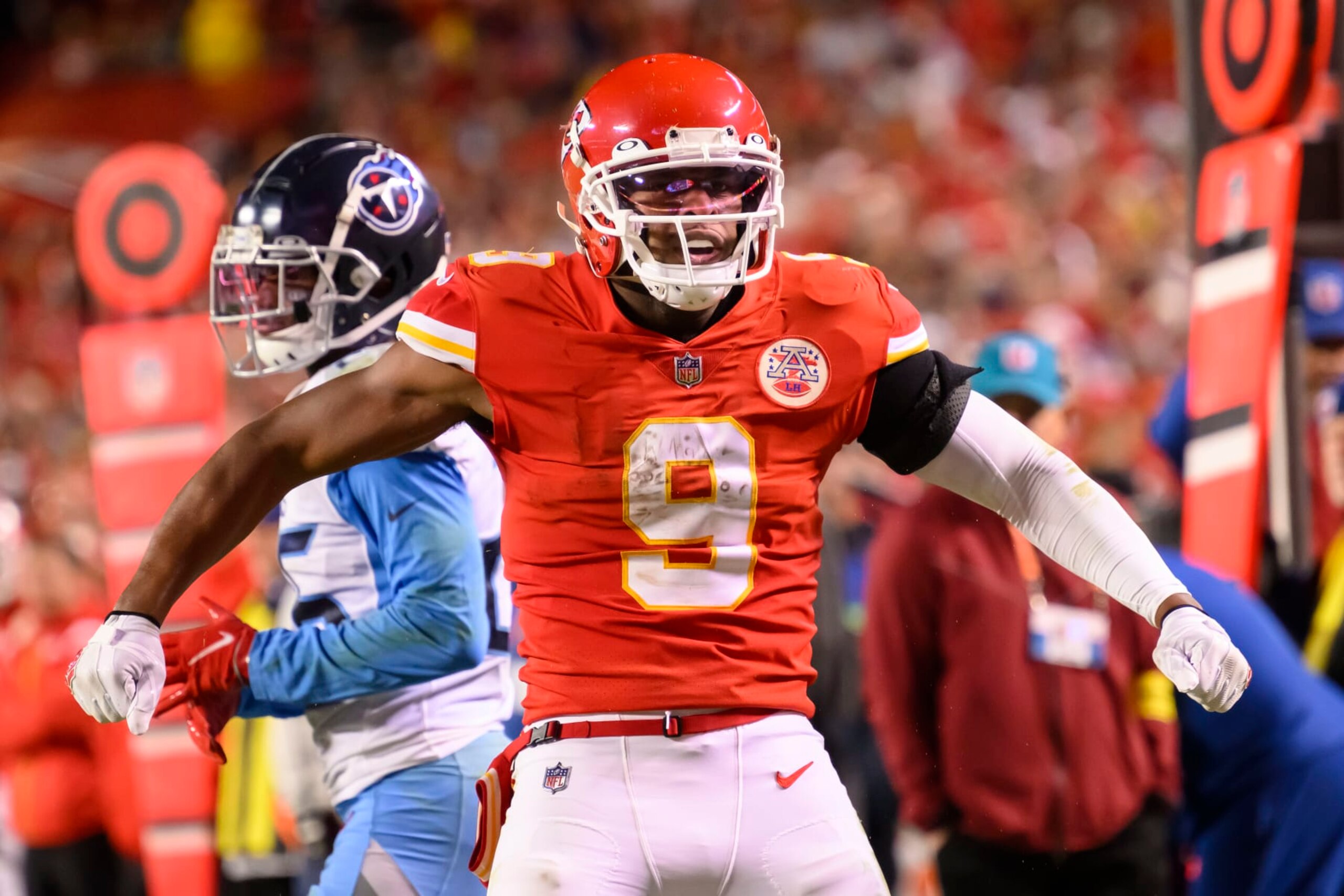 Kansas City Chiefs wide receiver JuJu Smith-Schuster celebrates a first down catch against the Tennessee Titans during overtime in an NFL football game, Sunday, Nov. 6, 2022 in Kansas City, Mo. (AP Photo/Reed Hoffmann) Kansas City Chiefs wide receiver JuJu Smith-Schuster celebrates a first down catch against the Tennessee Titans during overtime in an NFL football game, Sunday, Nov. 6, 2022 in Kansas City, Mo. (AP Photo/Reed Hoffmann)