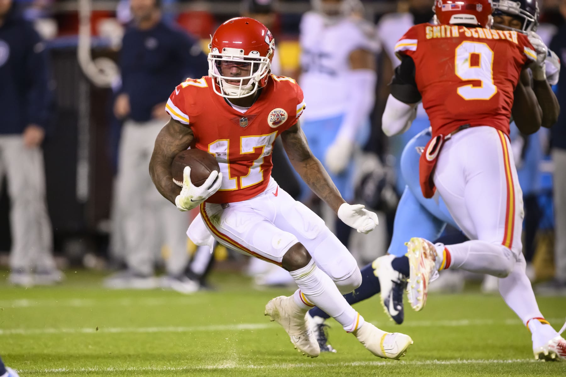 Kansas City Chiefs wide receiver Mecole Hardman (17) runs against the Tennessee Titans during the second half of an NFL football game, Sunday, Nov. 6, 2022 in Kansas City, Mo. (AP Photo/Reed Hoffmann)