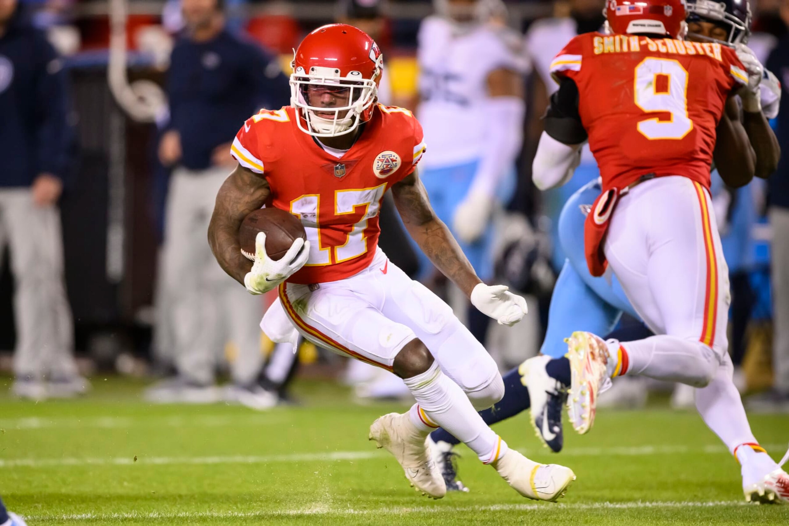 Kansas City Chiefs wide receiver Mecole Hardman (17) runs against the Tennessee Titans during the second half of an NFL football game, Sunday, Nov. 6, 2022 in Kansas City, Mo. (AP Photo/Reed Hoffmann) Kansas City Chiefs wide receiver Mecole Hardman (17) runs against the Tennessee Titans during the second half of an NFL football game, Sunday, Nov. 6, 2022 in Kansas City, Mo. (AP Photo/Reed Hoffmann)