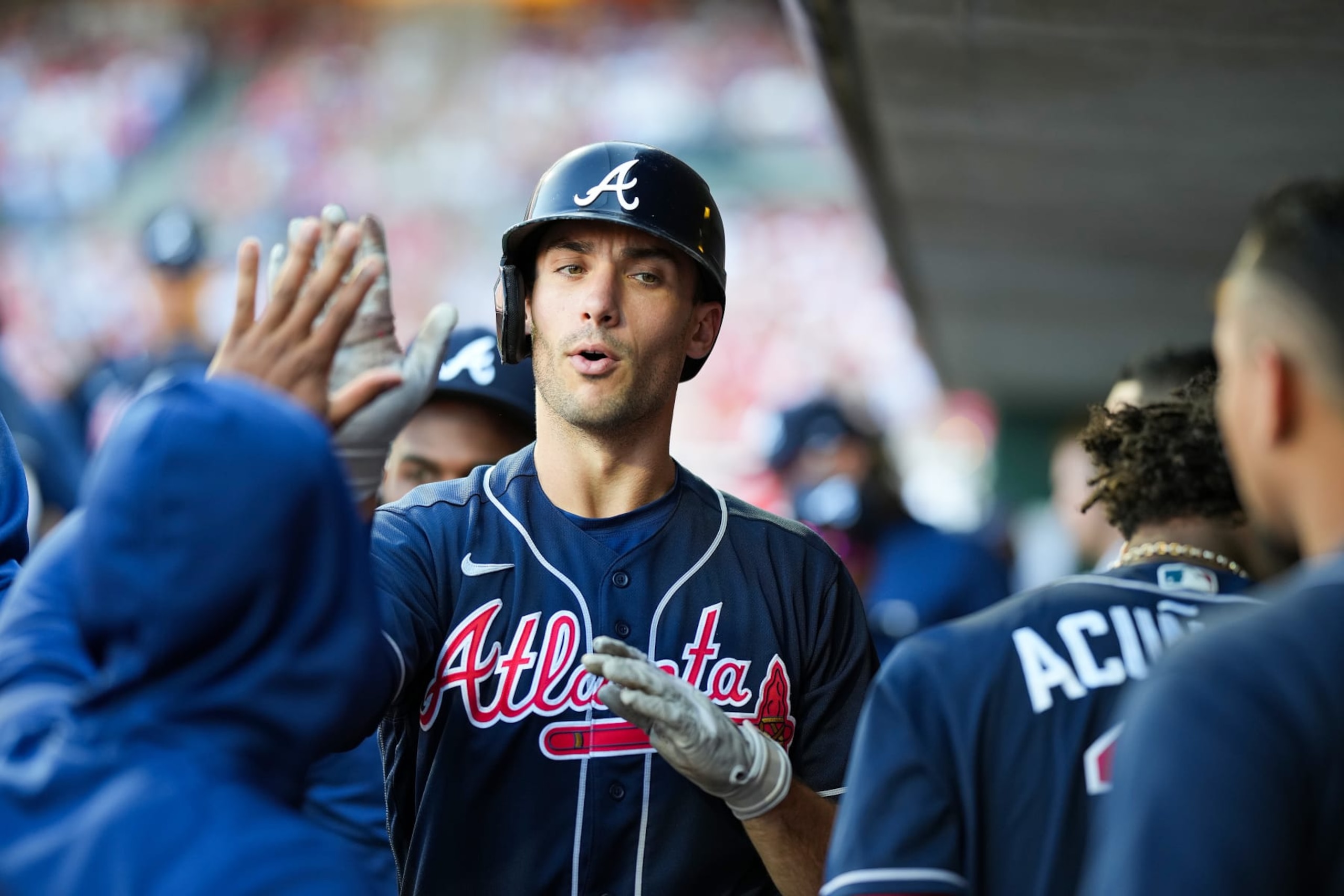 PENNSYLVANIA, PA - OCTOBER 15: Matt Olson #28 of the Atlanta Braves celebrates with teammates after hitting a solo home run against the Philadelphia Phillies during the fourth inning in game four of the National League Division Series at Citizens Bank Park on October 15, 2022 in Philadelphia, Pennsylvania. (Photo by Kevin D. Liles/Atlanta Braves/Getty Images)