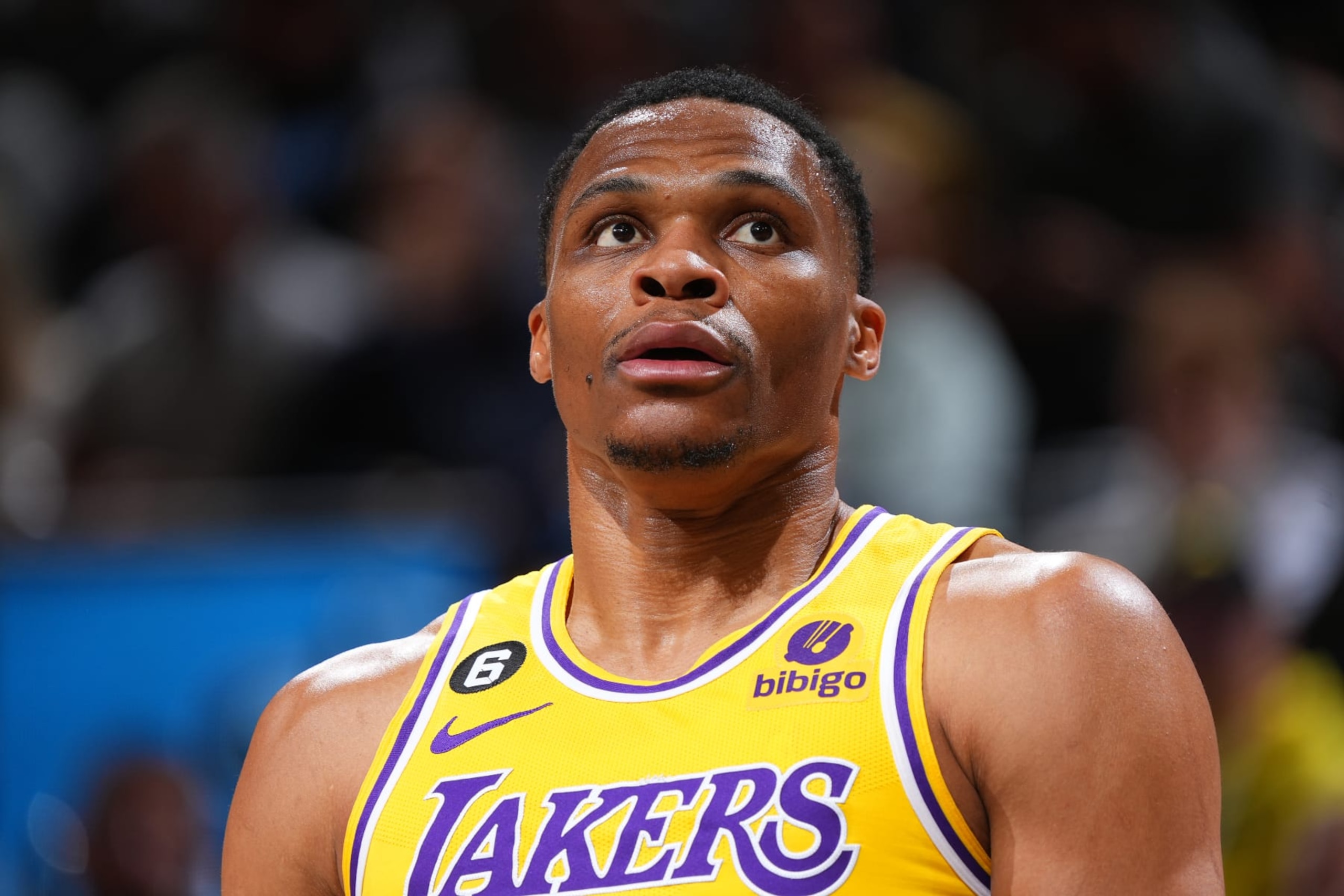SALT LAKE CITY, UT - NOVEMBER 7: A close up shot of Russell Westbrook #0 of the Los Angeles Lakers against the Utah Jazz on November 7, 2022 at Vivint SmartHome Arena in Salt Lake City, Utah. NOTE TO USER: User expressly acknowledges and agrees that, by downloading and or using this Photograph, User is consenting to the terms and conditions of the Getty Images License Agreement. Mandatory Copyright Notice: Copyright 2022 NBAE (Photo by Garrett Ellwood/NBAE via Getty Images) SALT LAKE CITY, UT - NOVEMBER 7: A close up shot of Russell Westbrook #0 of the Los Angeles Lakers against the Utah Jazz on November 7, 2022 at Vivint SmartHome Arena in Salt Lake City, Utah. NOTE TO USER: User expressly acknowledges and agrees that, by downloading and or using this Photograph, User is consenting to the terms and conditions of the Getty Images License Agreement. Mandatory Copyright Notice: Copyright 2022 NBAE (Photo by Garrett Ellwood/NBAE via Getty Images)