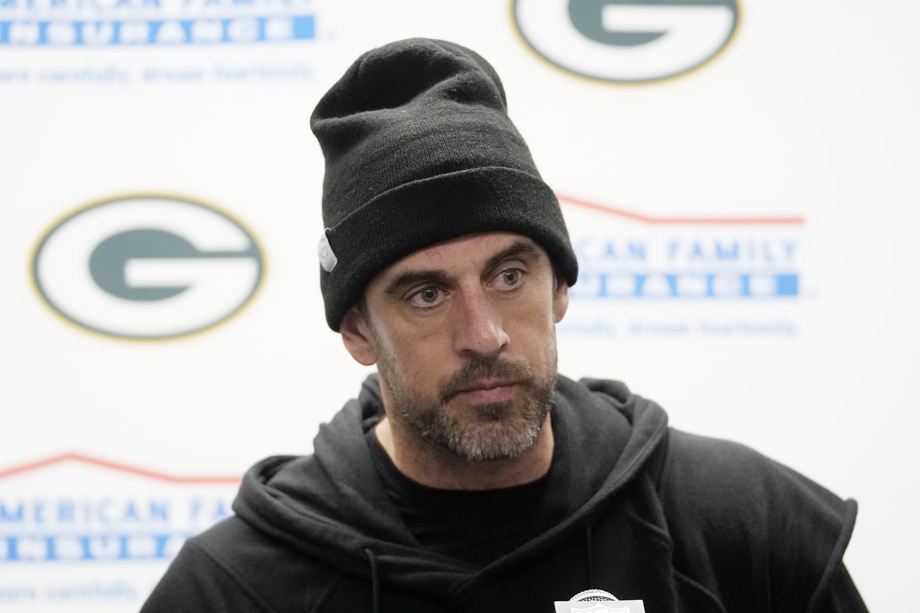 Green Bay Packers quarterback Aaron Rodgers addresses the media after an NFL football game against the Detroit Lions, Sunday, Nov. 6, 2022, in Detroit. (AP Photo/Paul Sancya)